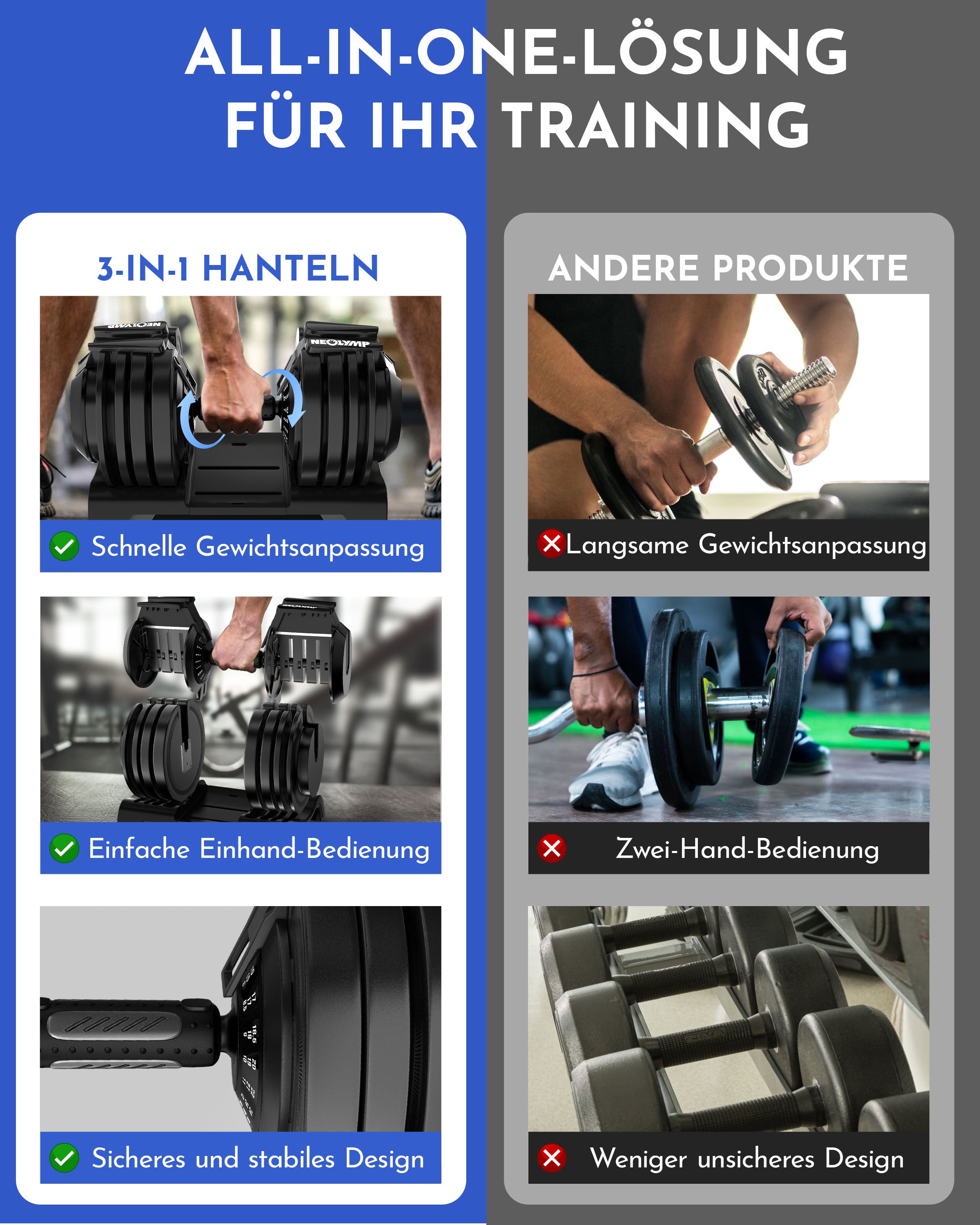 3-in-1 Hantelset zum Verstellen 24kg - - Hantel von NEOLYMP | Fitnessequipment und Sportartikel