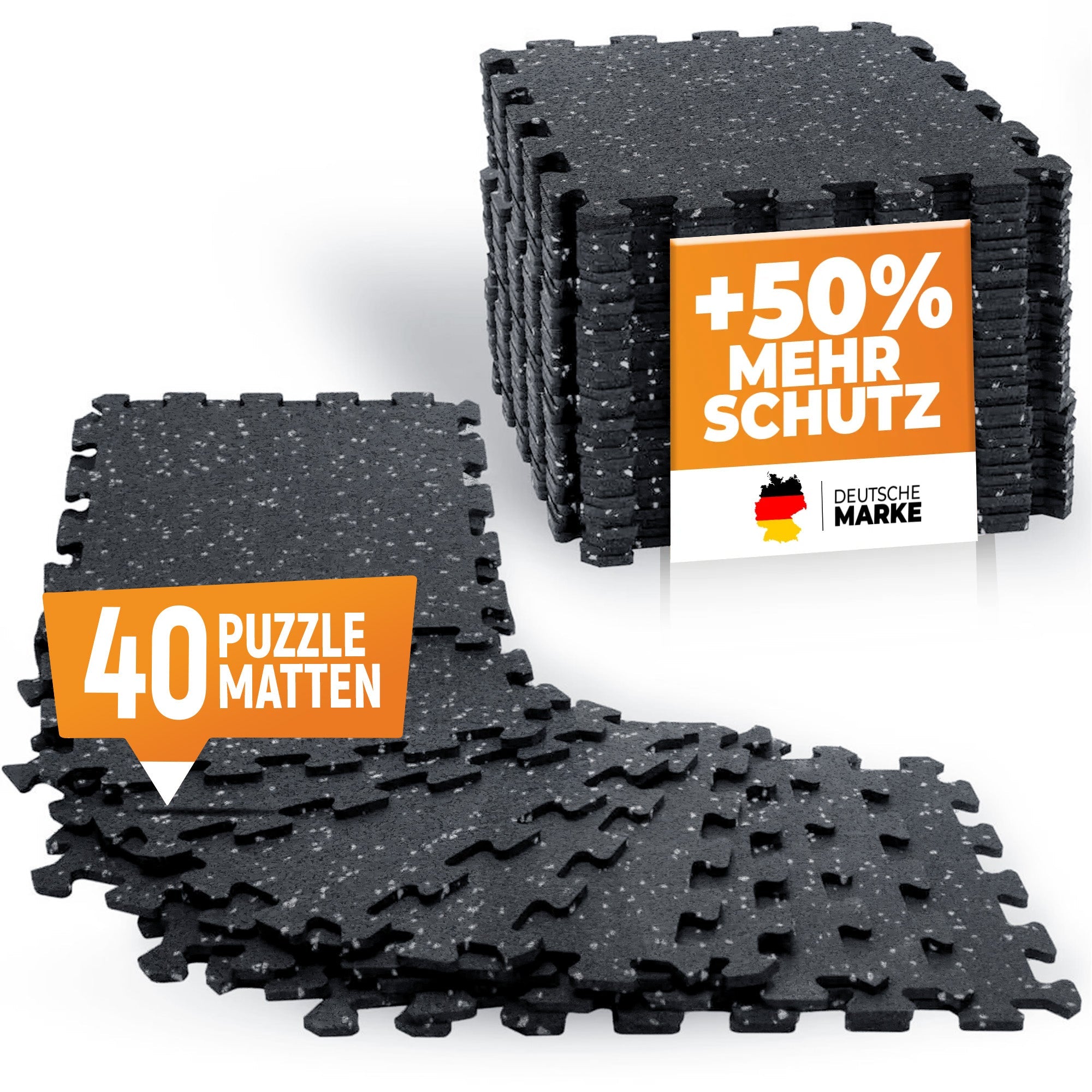 Robuste Bodenschutzmatte schwarz/grau gesprenkelt (Fitness Puzzlematte) – 5 x 8 Stück (40 Stück) (B‑Ware) - - Outlet von NEOLYMP | Fitnessequipment und Sportartikel