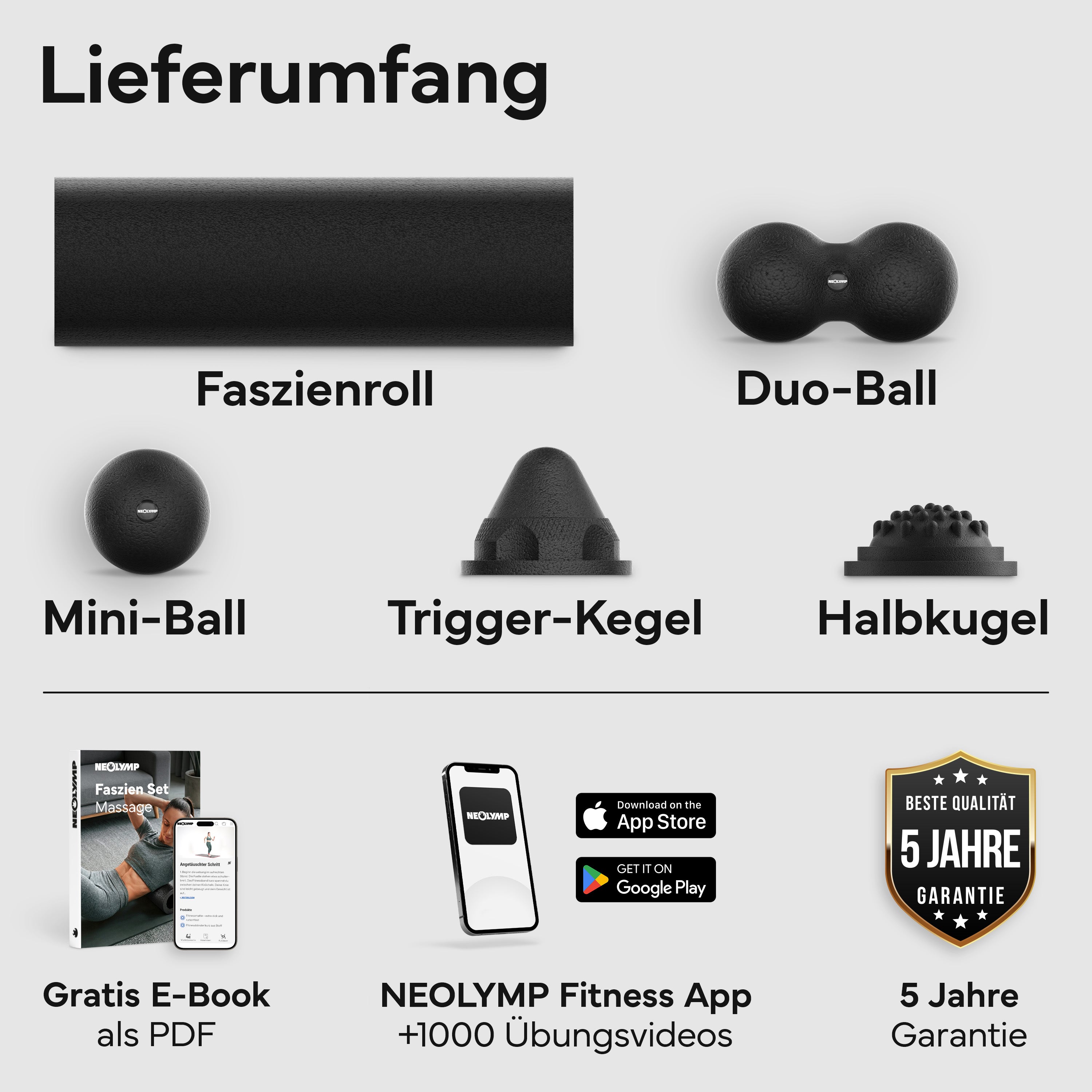 5-teiliges Faszienrollen Set - - Recovery & Akupressur von NEOLYMP | Fitnessequipment und Sportartikel