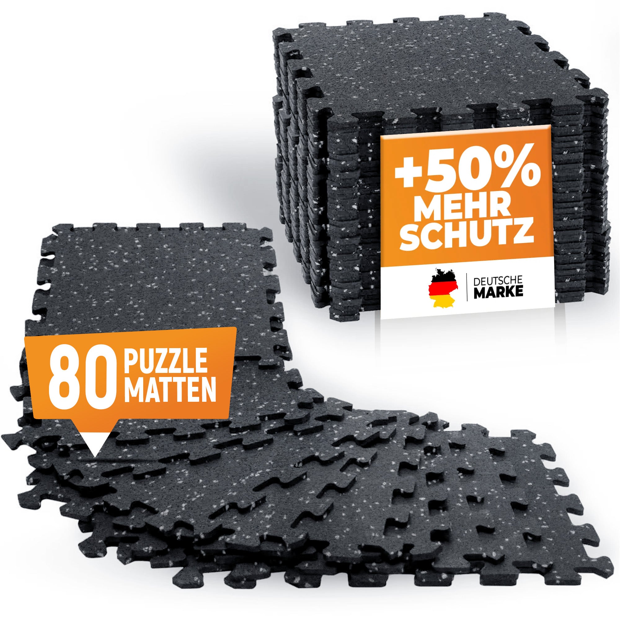 Robuste Bodenschutzmatte schwarz/grau gesprenkelt (Fitness Puzzlematte) – 10 x 8 Matten (80 Stück) (B‑Ware) - - Outlet von NEOLYMP | Fitnessequipment und Sportartikel
