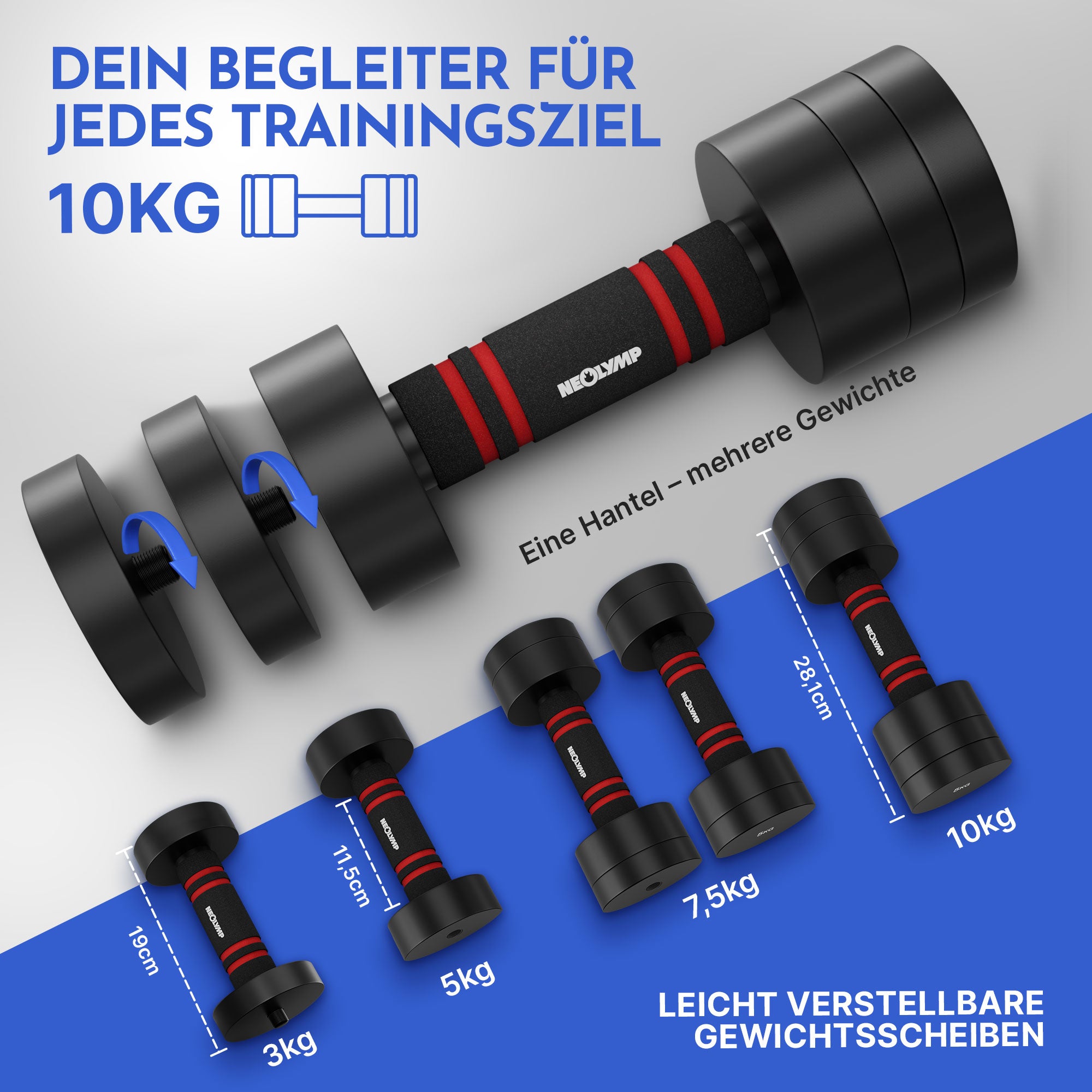 Verstellbare Chrome-Kurzhanteln in schwarz - 5 & 10kg (4er Set Kurzhanteln) - - Hantel von NEOLYMP | Fitnessequipment und Sportartikel