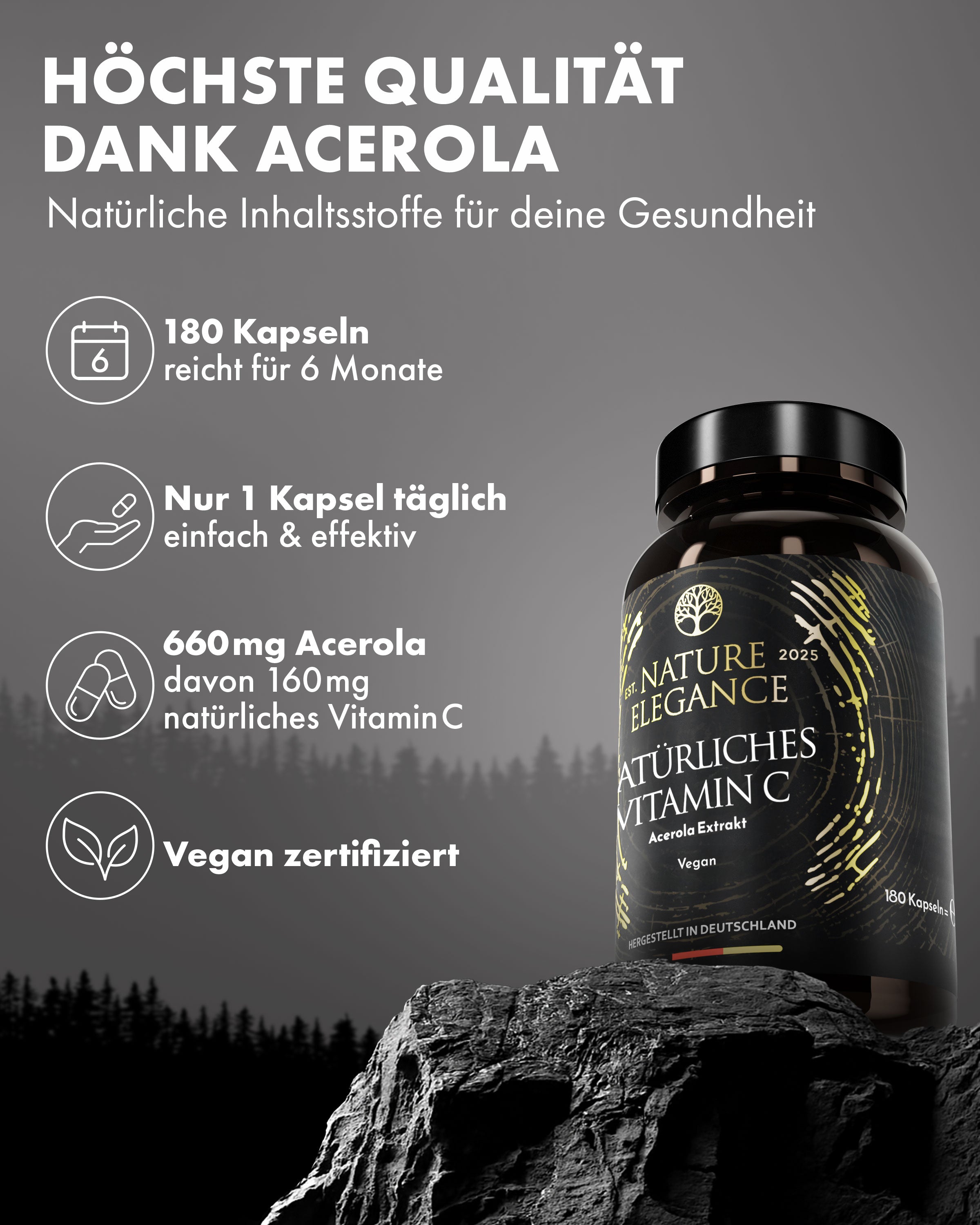 Nature Elegance - Vitamin C - aus Acerola-Superfrucht, vegane Kapseln (2er Pack (360 Stück)) - - Nahrungsergänzungsmittel von NEOLYMP | Fitnessequipment und Sportartikel