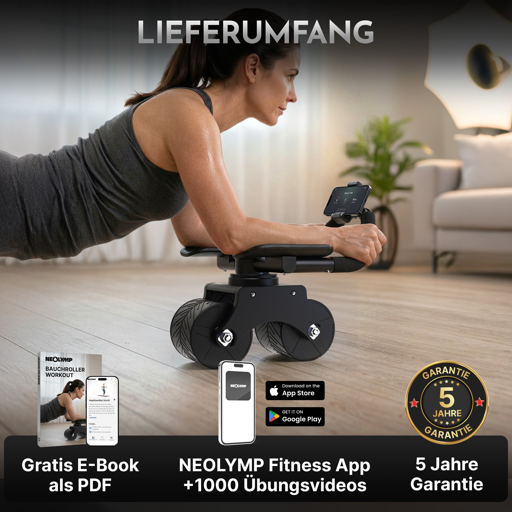 Bauchroller mit Unterarm-Auflage (schwarz) - Patentiert, 180° drehbar | B-Ware - - Outlet von NEOLYMP | Fitnessequipment und Sportartikel