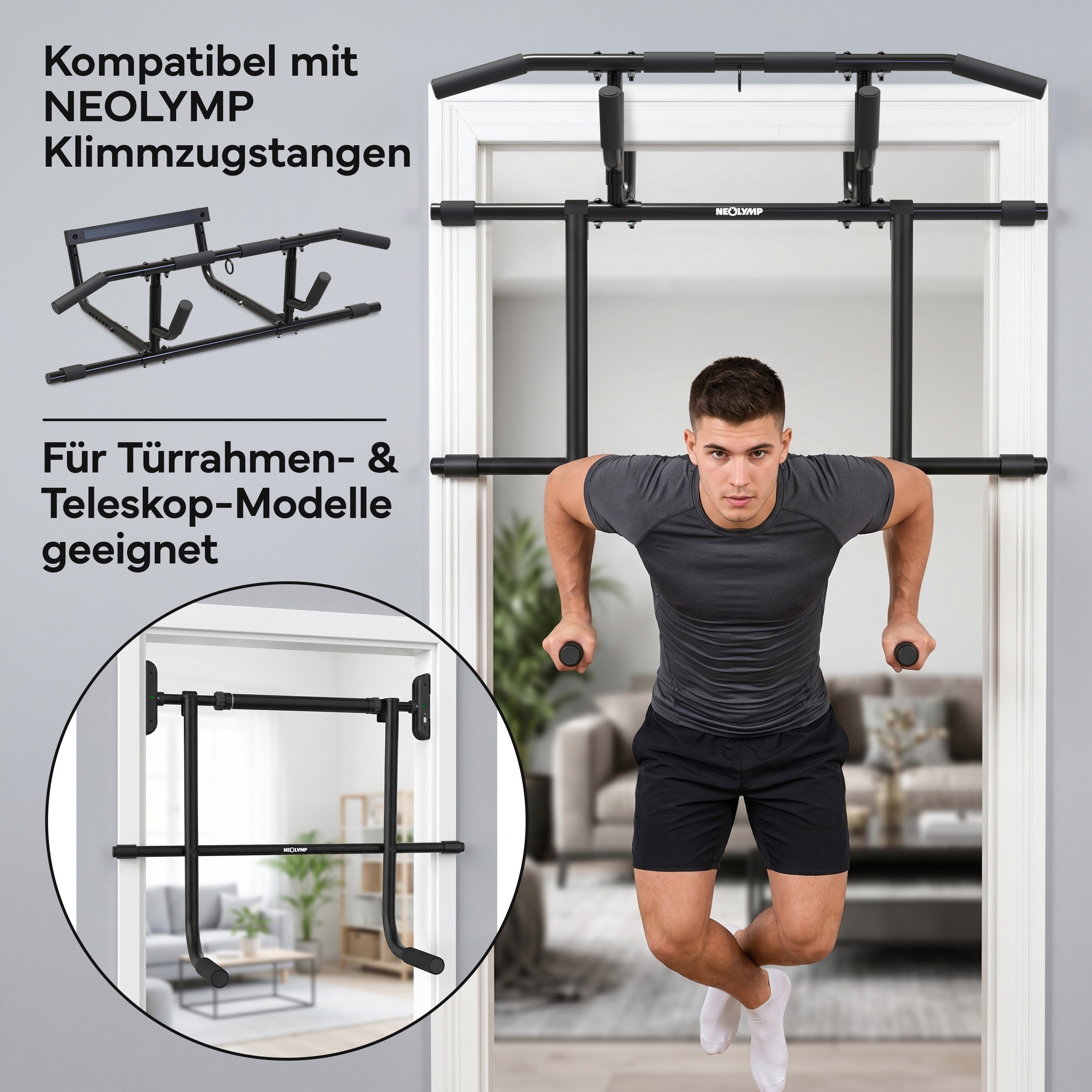 Klimmzugstangen-Bundle - Alle Übungen, volle Bewegungsfreiheit - Stange + Dip Bar Adapter - Klimmzugstangen von NEOLYMP | Fitnessequipment und Sportartikel
