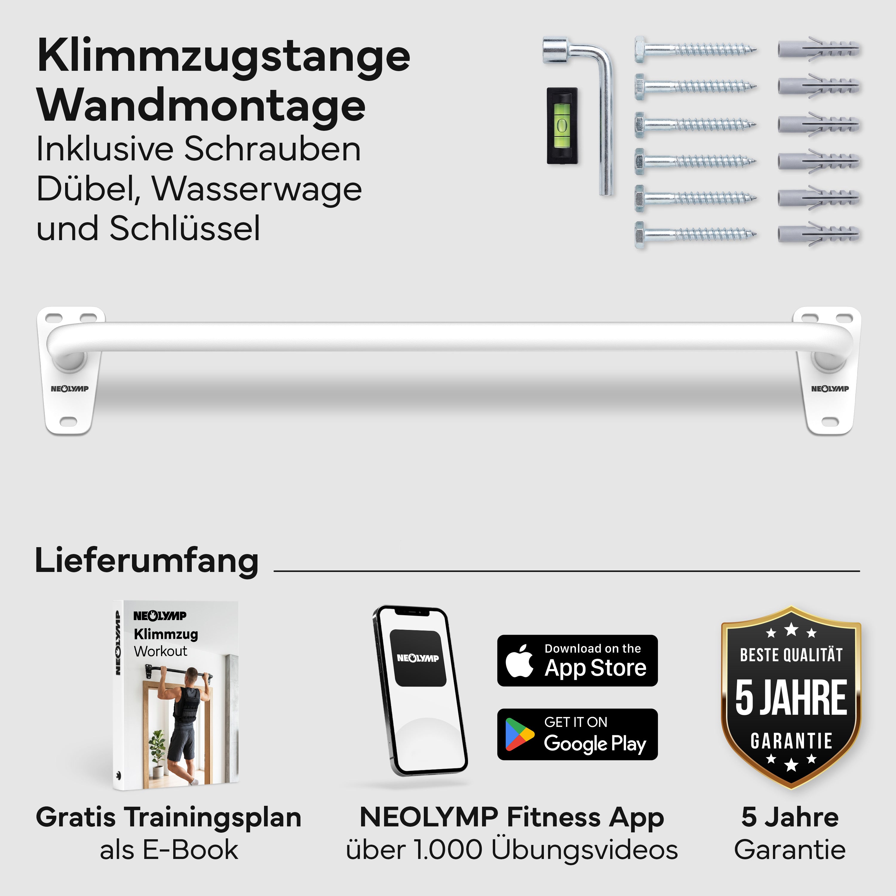 Klimmzugstange für Wandmontage, Pull Up Bar über der Tür – Weiß | B-Ware - - Outlet von NEOLYMP | Fitnessequipment und Sportartikel