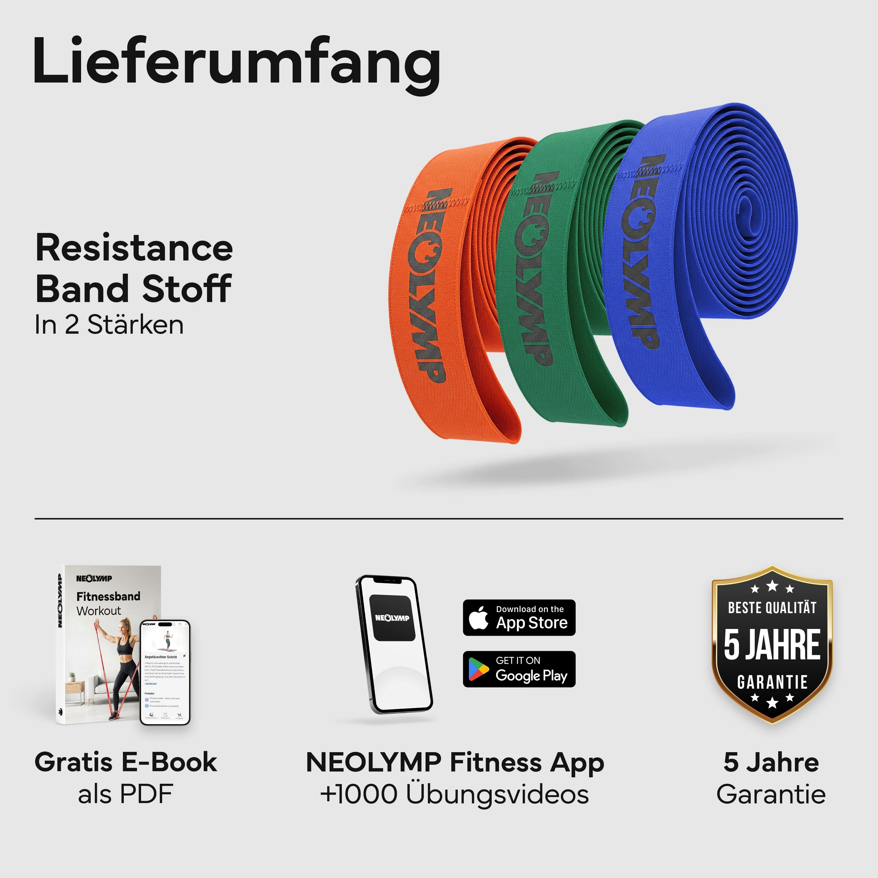 Resistance Bands aus Stoff - extra lang, 5 Stärken - 3er-Set - Fitnessbänder von NEOLYMP | Fitnessequipment und Sportartikel