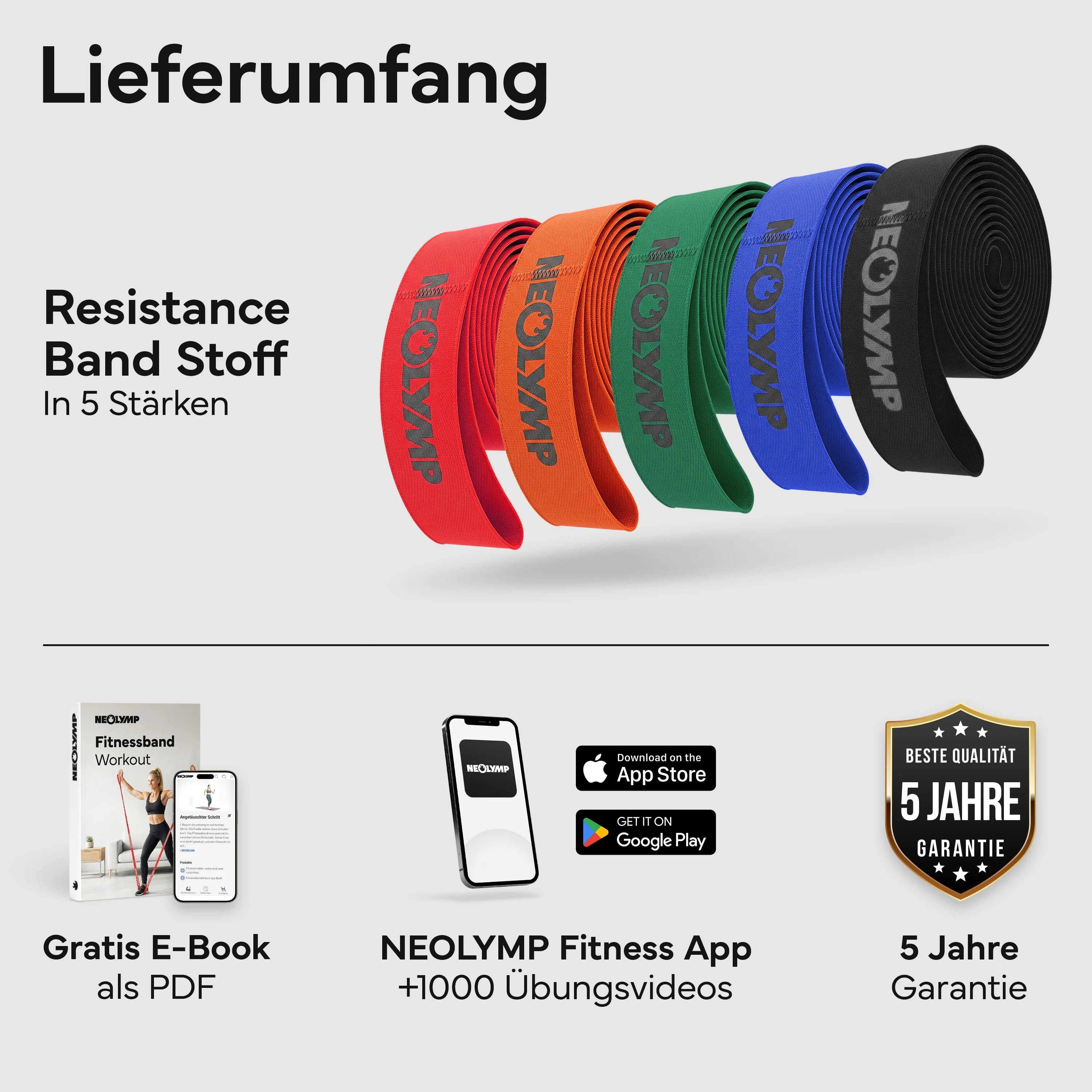 Resistance Bands aus Stoff - extra lang, 5 Stärken - 5er-Set - Fitnessbänder von NEOLYMP | Fitnessequipment und Sportartikel