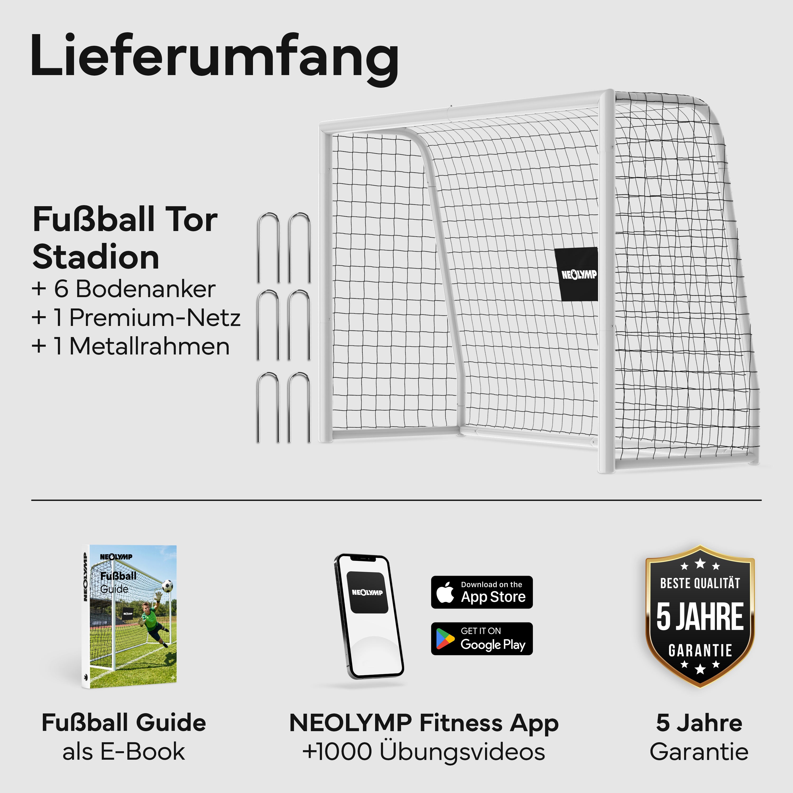 Fußballtor Stadion-Optik, Stahlrahmen, 3 Größen - L (300×200 cm) - Fußball-Equipment von NEOLYMP | Fitnessequipment und Sportartikel