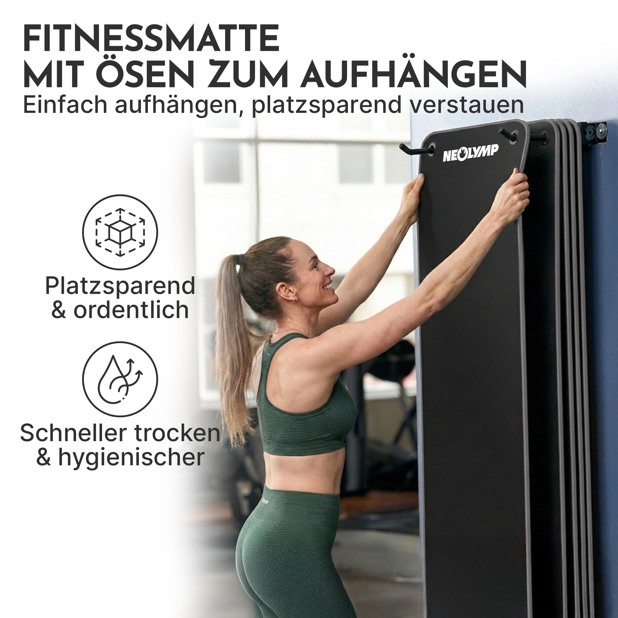 Fitnessmatte mit Ösen - extra dick und rutschfest - Schwarz - Sportmatte von NEOLYMP | Fitnessequipment und Sportartikel