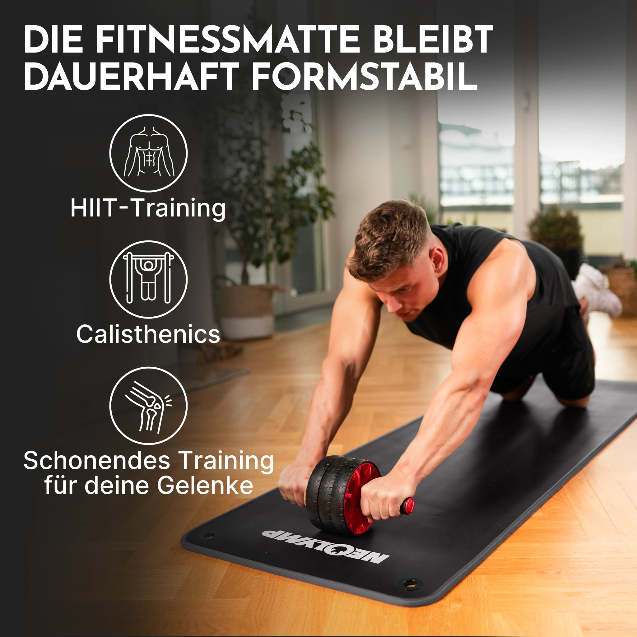 Fitnessmatte mit Ösen - extra dick und rutschfest - Schwarz - Sportmatte von NEOLYMP | Fitnessequipment und Sportartikel