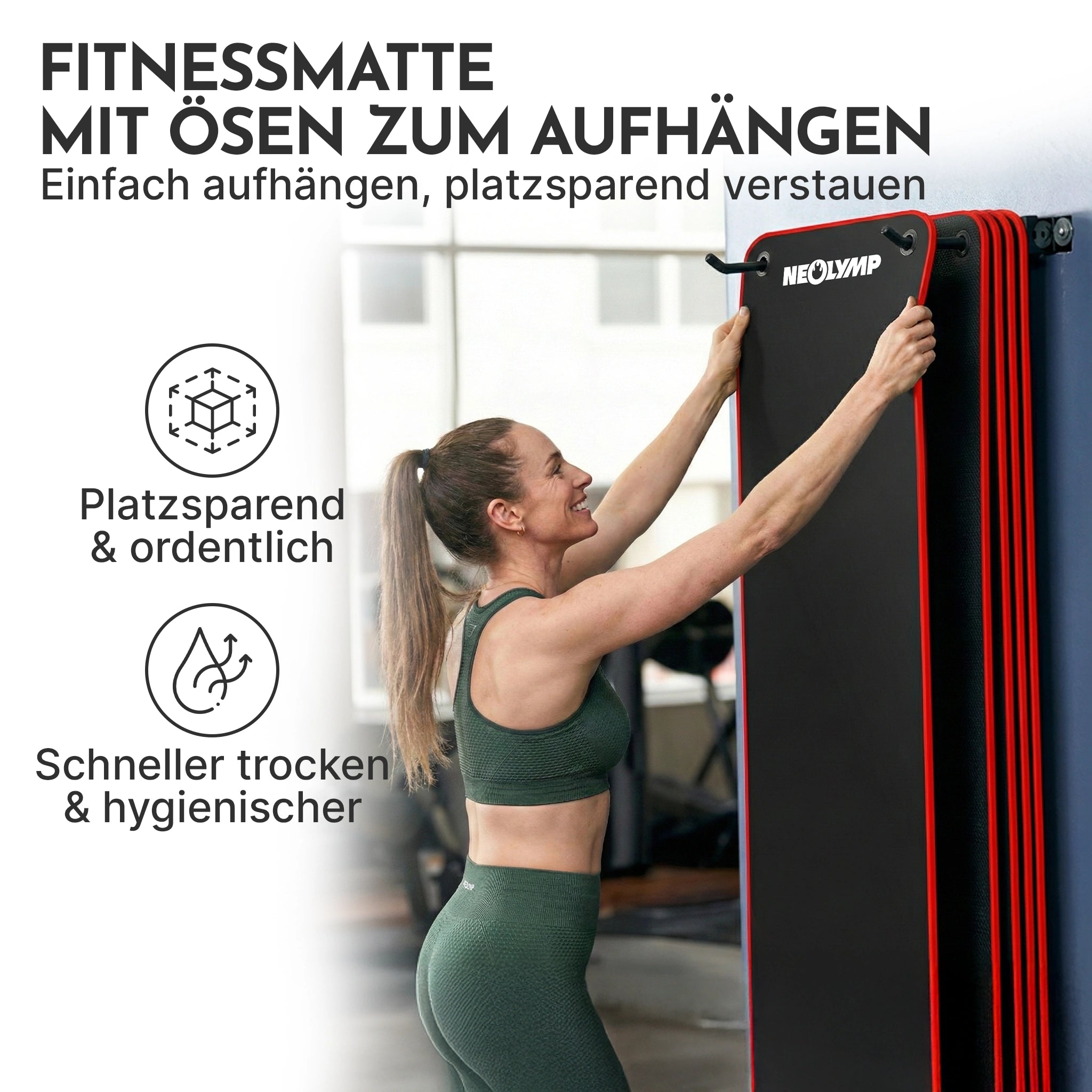 Fitnessmatte mit Ösen - extra dick und rutschfest – Schwarz / Rot (80 cm) / 1 Matte | B-Ware - - Outlet von NEOLYMP | Fitnessequipment und Sportartikel