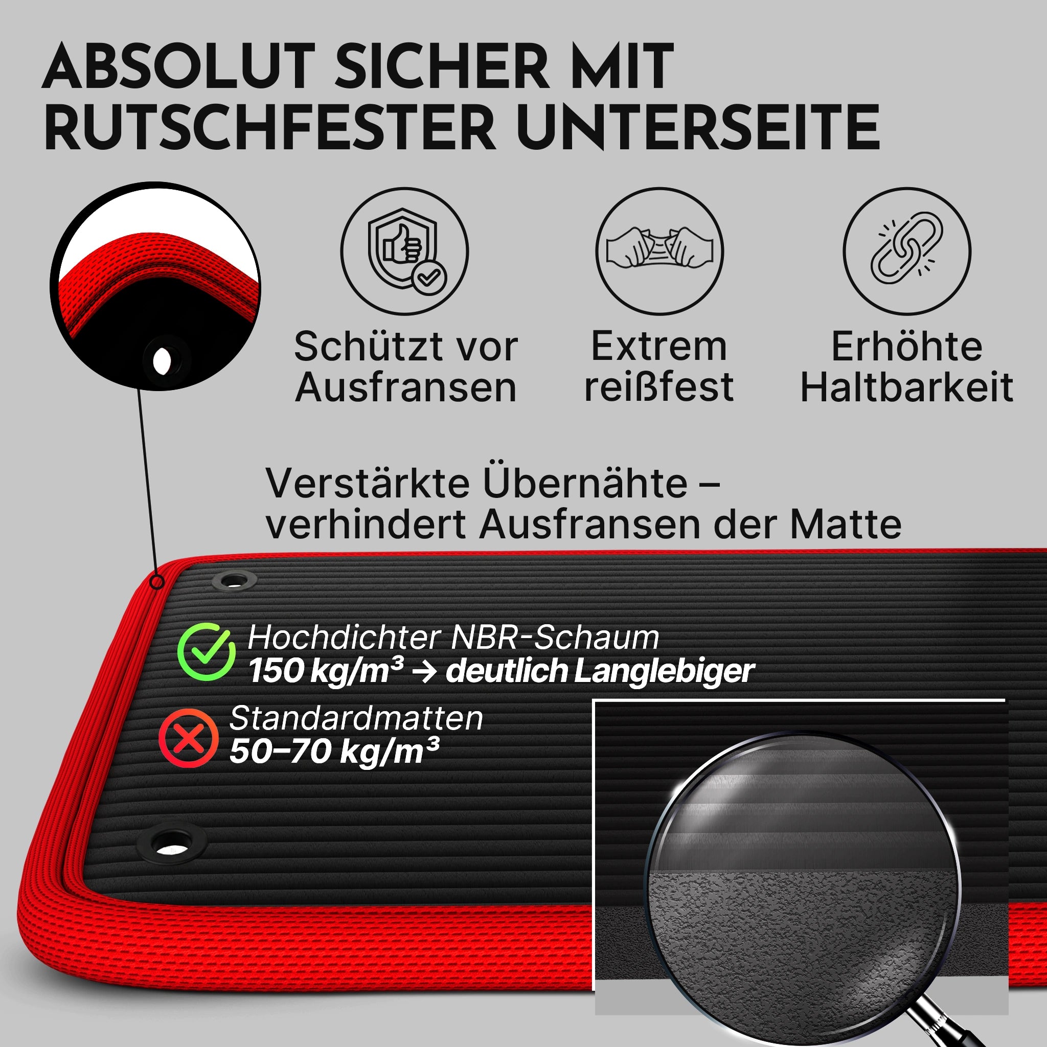Fitnessmatte mit Ösen - extra dick und rutschfest – Schwarz / Rot (80 cm) / 1 Matte | B-Ware - - Outlet von NEOLYMP | Fitnessequipment und Sportartikel
