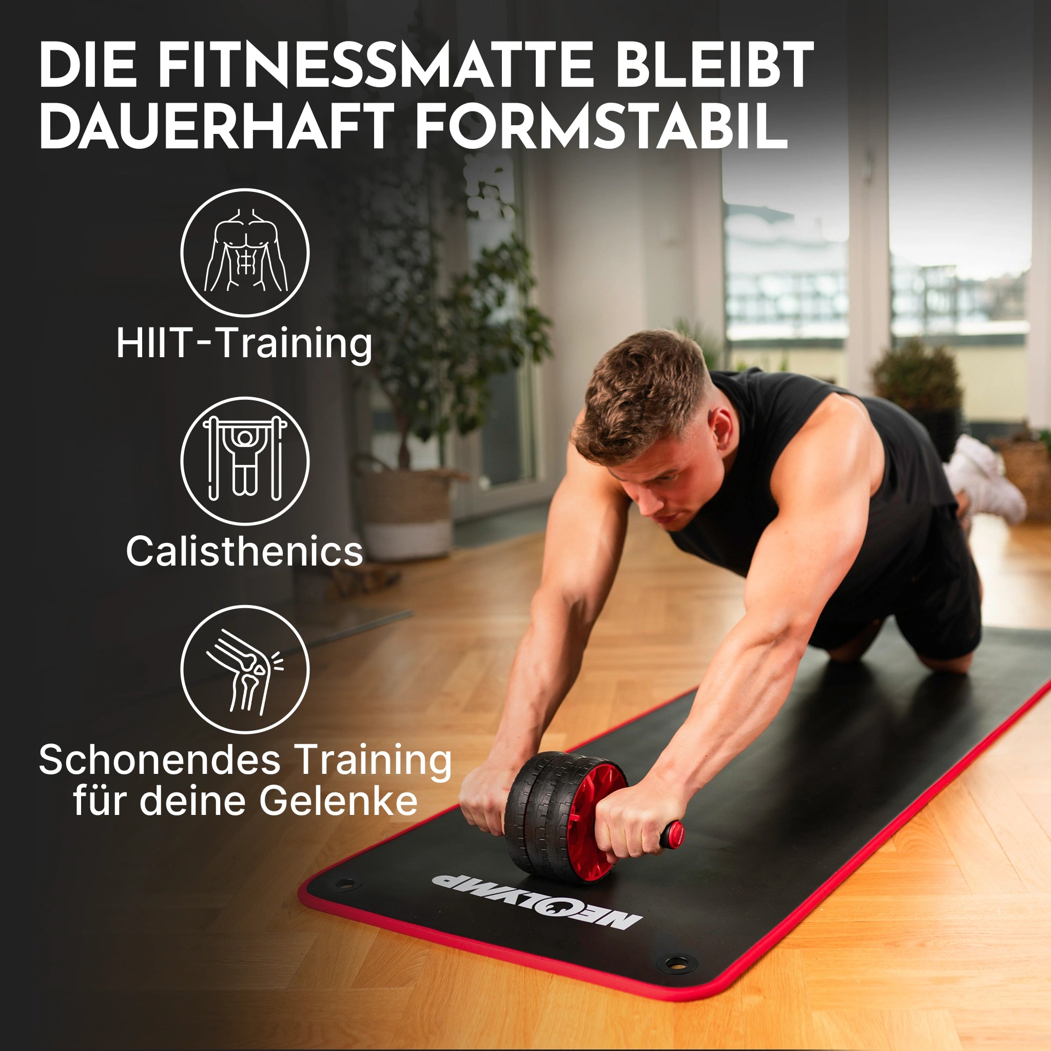 Fitnessmatte mit Ösen - extra dick und rutschfest - Schwarz - Sportmatte von NEOLYMP | Fitnessequipment und Sportartikel