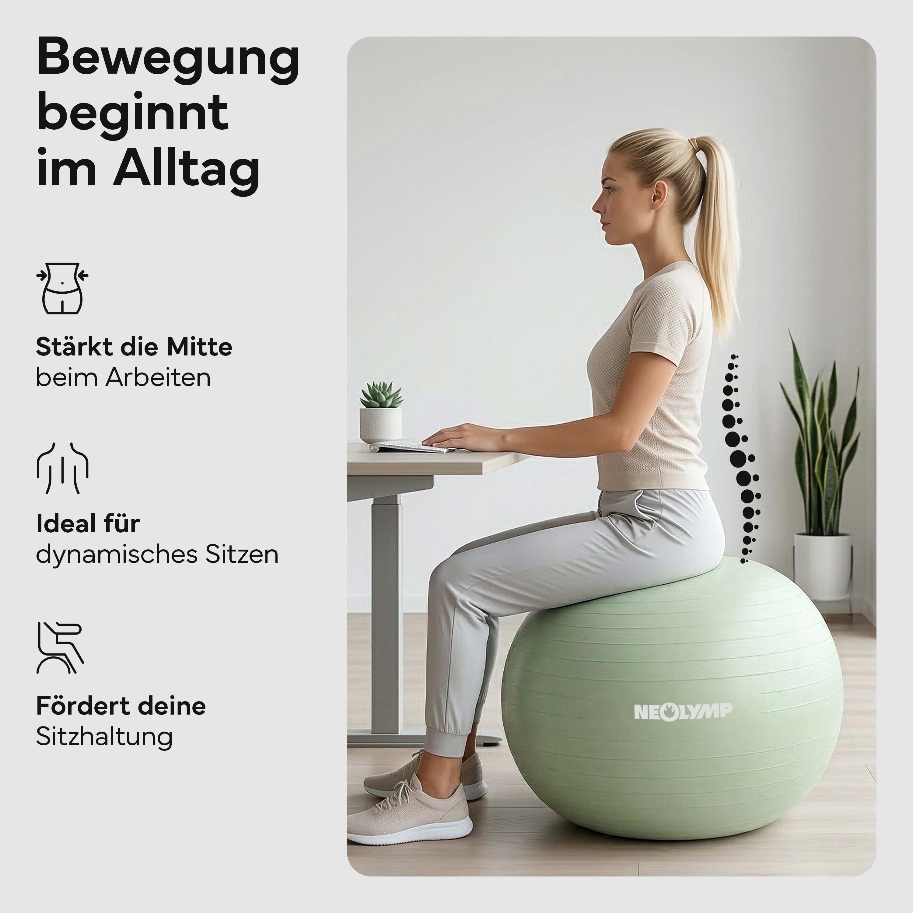 Gymnastikball - für aktives Sitzen, Recovery und Physio – Matcha / M (165 cm) | B-Ware - - Outlet von NEOLYMP | Fitnessequipment und Sportartikel