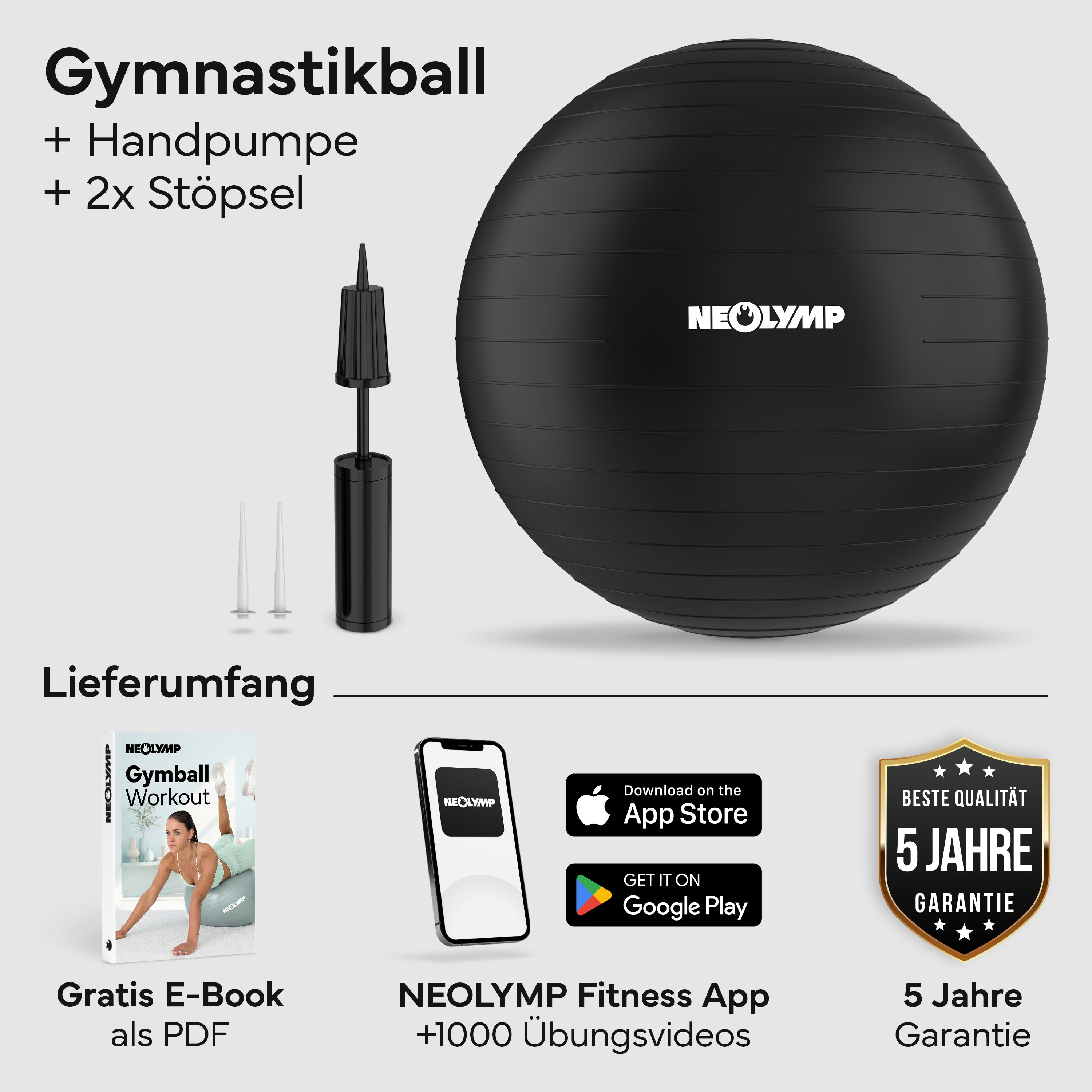 Gymnastikball - für aktives Sitzen, Recovery und Physio - Schwarz - Sportgerät von NEOLYMP | Fitnessequipment und Sportartikel