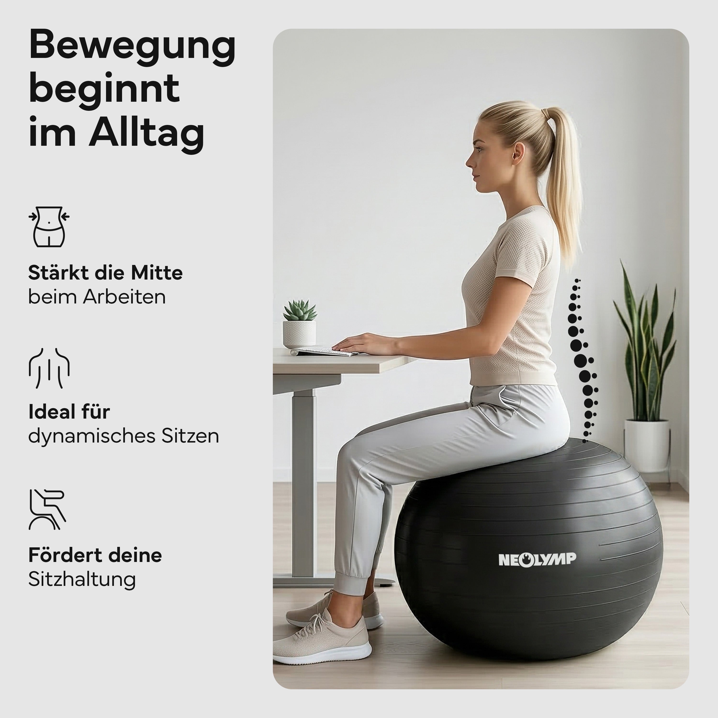 Gymnastikball - für aktives Sitzen, Recovery und Physio - Schwarz - Sportgerät von NEOLYMP | Fitnessequipment und Sportartikel
