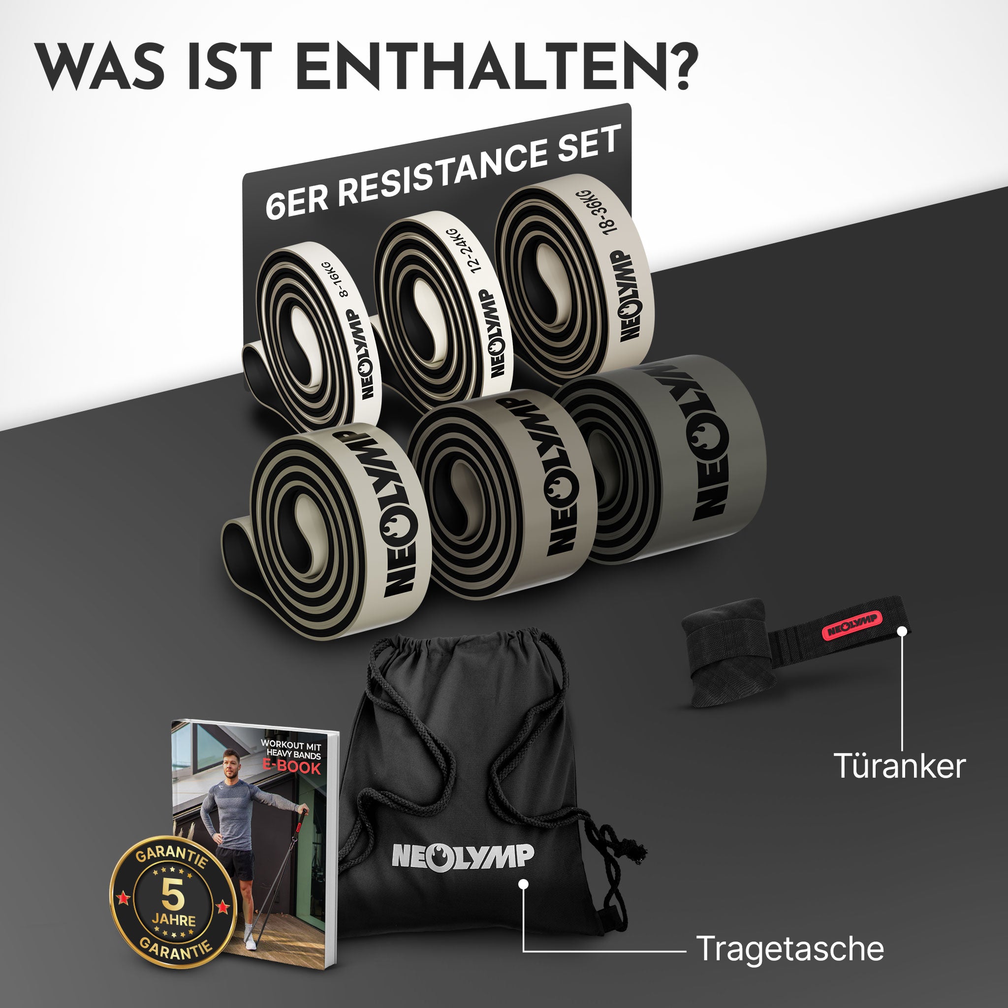 Heavy Resistance Bands aus Latex - grau - 6er Set - Fitnessbänder von NEOLYMP | Fitnessequipment und Sportartikel