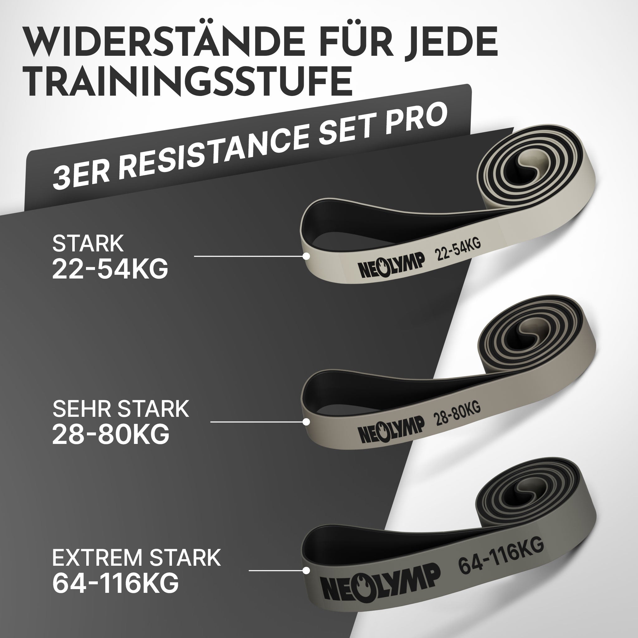 Heavy Resistance Bands aus Latex - grau - 3er Set Pro - Fitnessbänder von NEOLYMP | Fitnessequipment und Sportartikel