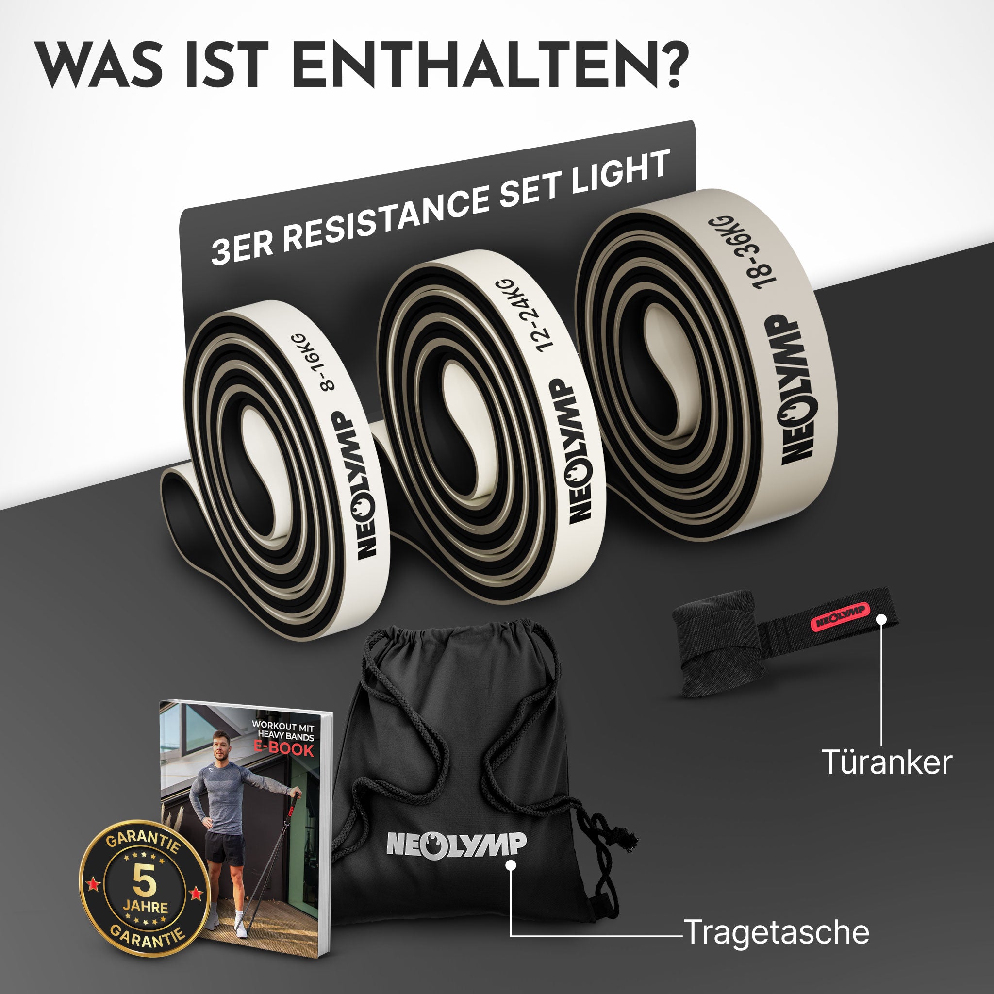 Heavy Resistance Bands aus Latex - grau - 3er Set Light - Fitnessbänder von NEOLYMP | Fitnessequipment und Sportartikel