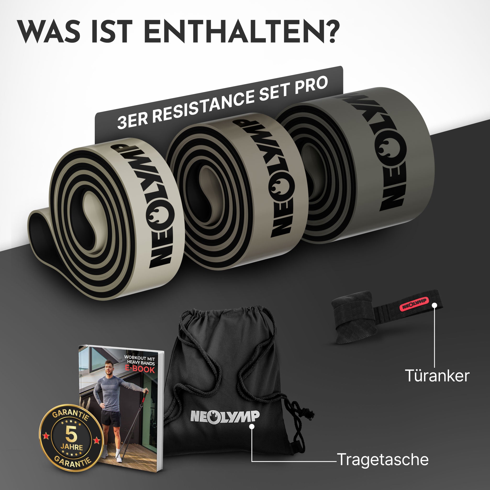 Heavy Resistance Bands aus Latex - grau - 3er Set Pro - Fitnessbänder von NEOLYMP | Fitnessequipment und Sportartikel