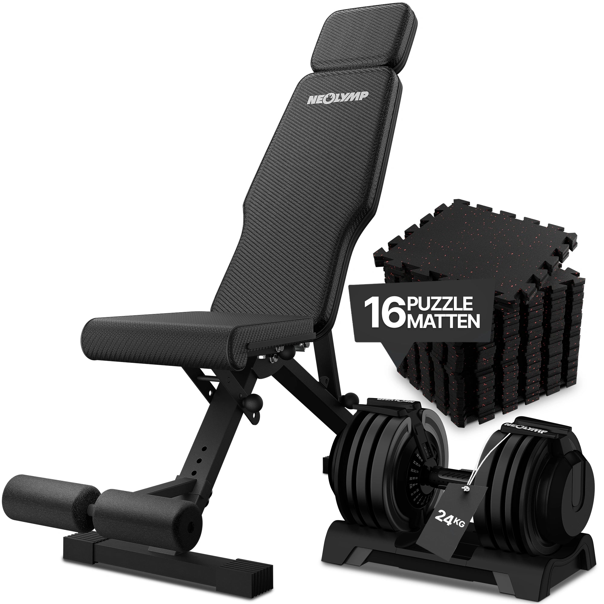 Hantelbank schwarz - rutschfest, mit Carbonfaser-Bezug - Hantel + Bank Bundle: 24 kg - Sportgerät von NEOLYMP | Fitnessequipment und Sportartikel