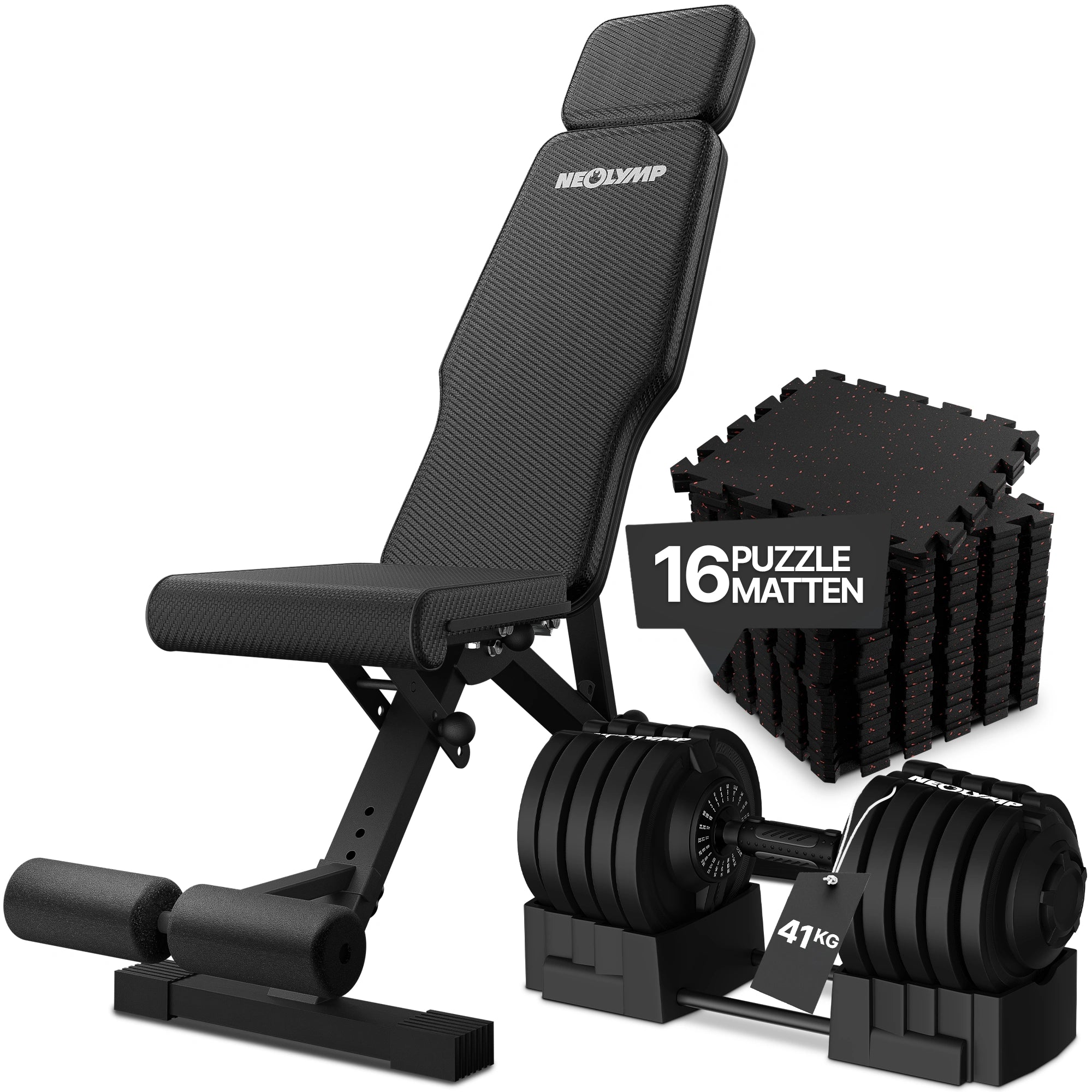 Hantelbank schwarz - rutschfest, mit Carbonfaser-Bezug - Hantel + Bank Bundle: 41 kg - Sportgerät von NEOLYMP | Fitnessequipment und Sportartikel