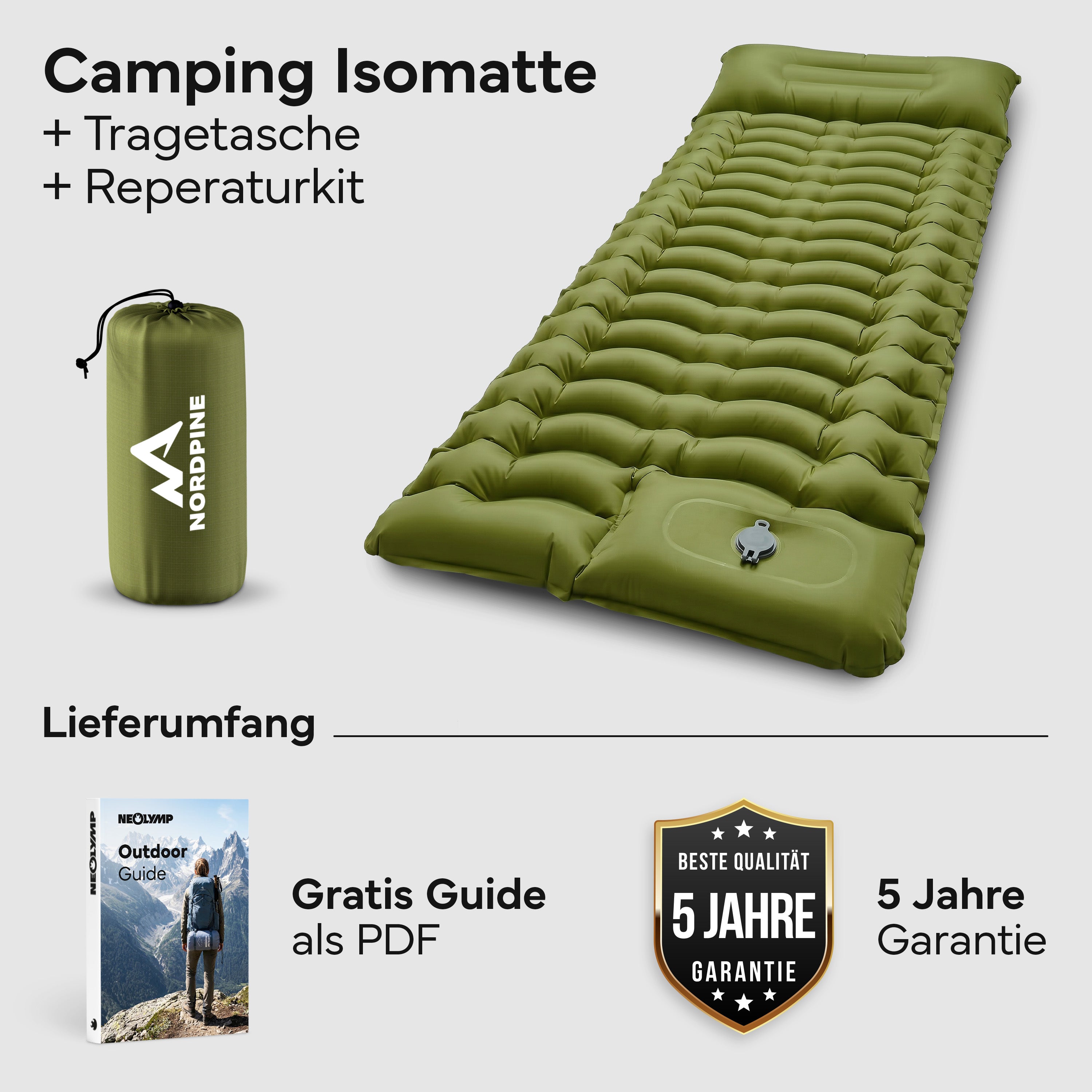 Isomatte Single - kombinierbar, integrierte Luftpumpe – Army Green | B-Ware - - Outlet von NEOLYMP | Fitnessequipment und Sportartikel