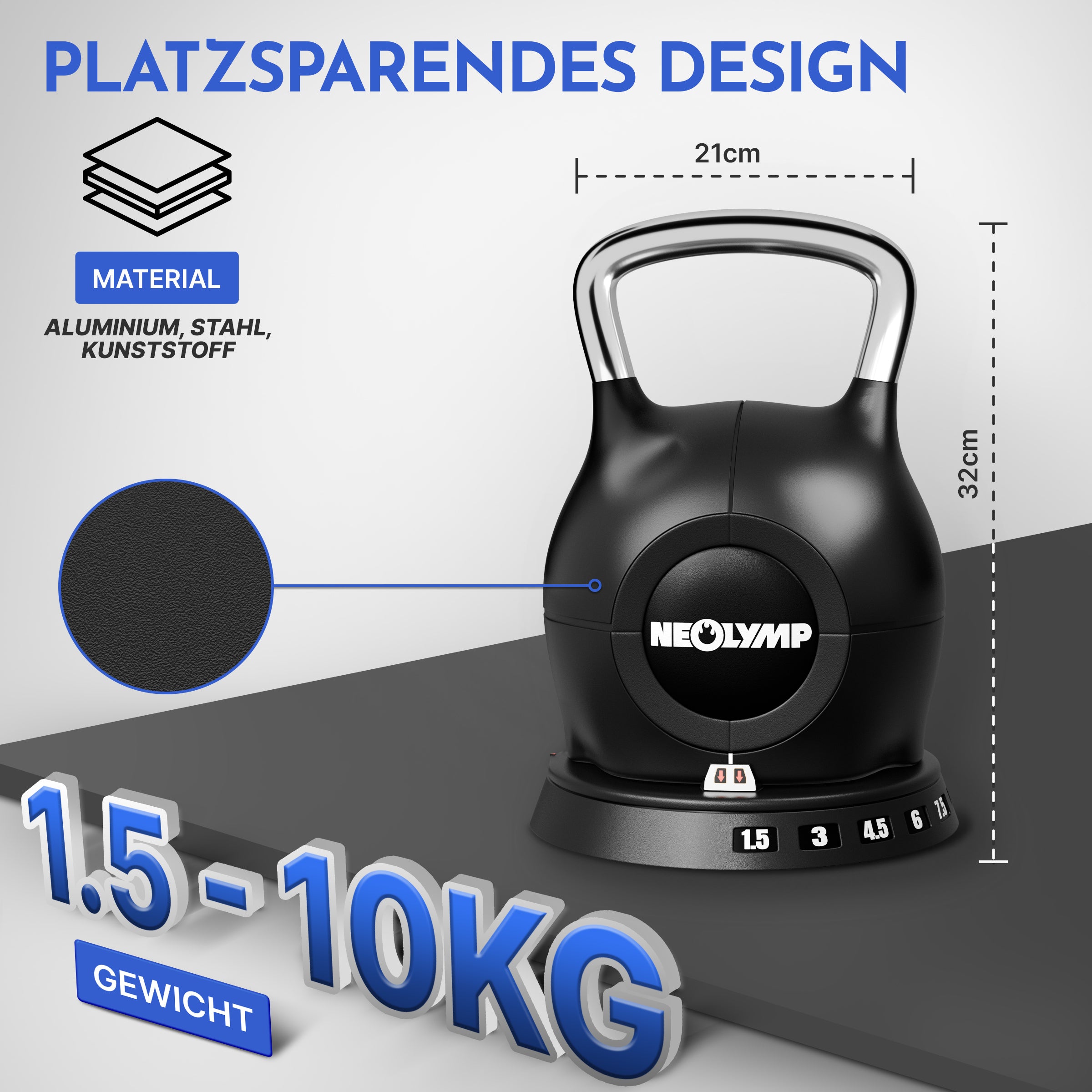 Kettlebell mit verstellbarem Gewicht (7 in 1) (2er-Set Kettlebell verstellbar 1.5-10 kg & 2-20 kg) - Kettlebell verstellbar 1.5-10 kg - Kettlebell von NEOLYMP | Fitnessequipment und Sportartikel