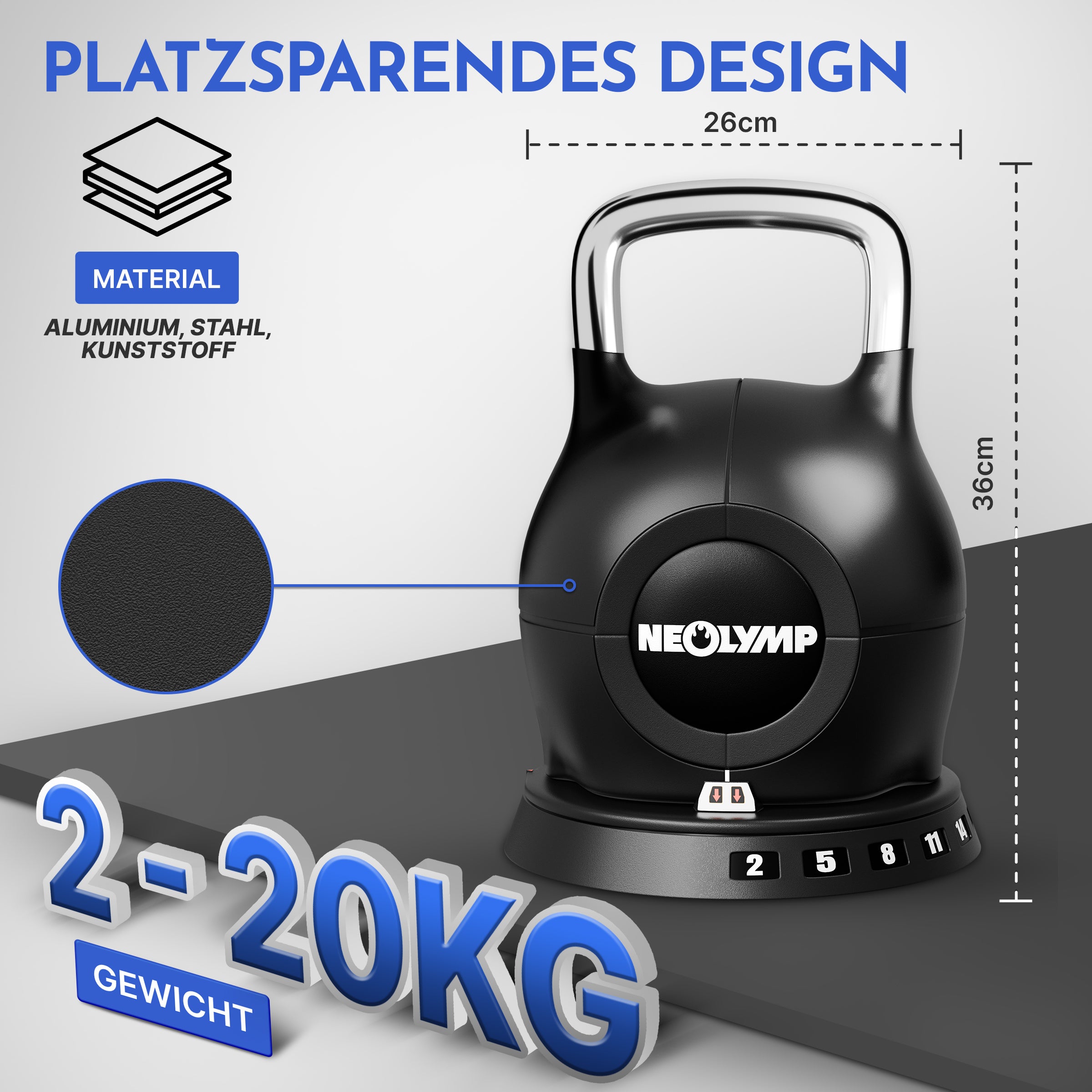 Kettlebell mit verstellbarem Gewicht (7 in 1) (2er-Set Kettlebell verstellbar 1.5-10 kg & 2-20 kg) - Kettlebell verstellbar 2-20 kg - Kettlebell von NEOLYMP | Fitnessequipment und Sportartikel