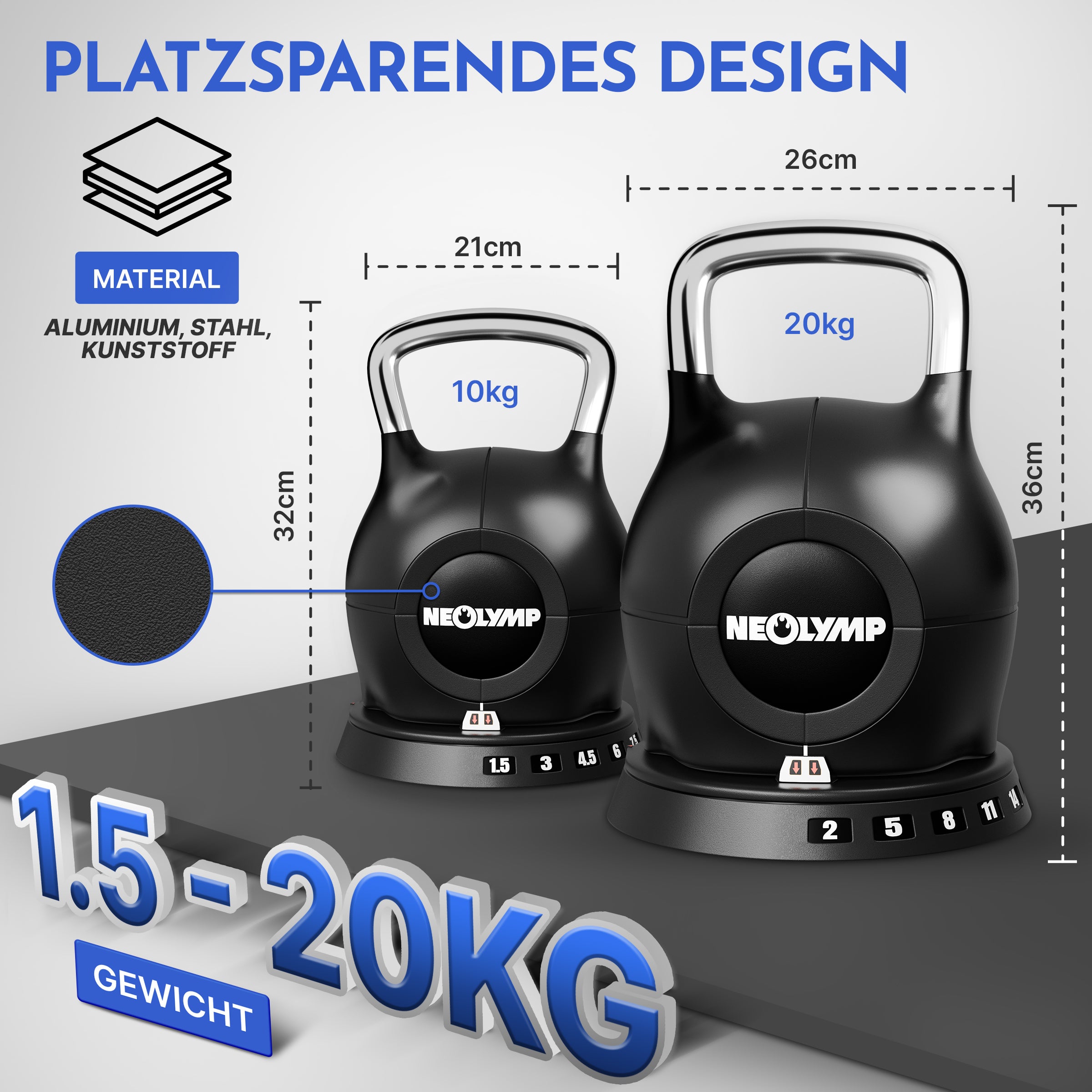 Kettlebell mit verstellbarem Gewicht (7 in 1) (2er-Set Kettlebell verstellbar 1.5-10 kg & 2-20 kg) - 2er-Set Kettlebell verstellbar 1.5-10 kg & 2-20 kg - Kettlebell von NEOLYMP | Fitnessequipment und Sportartikel