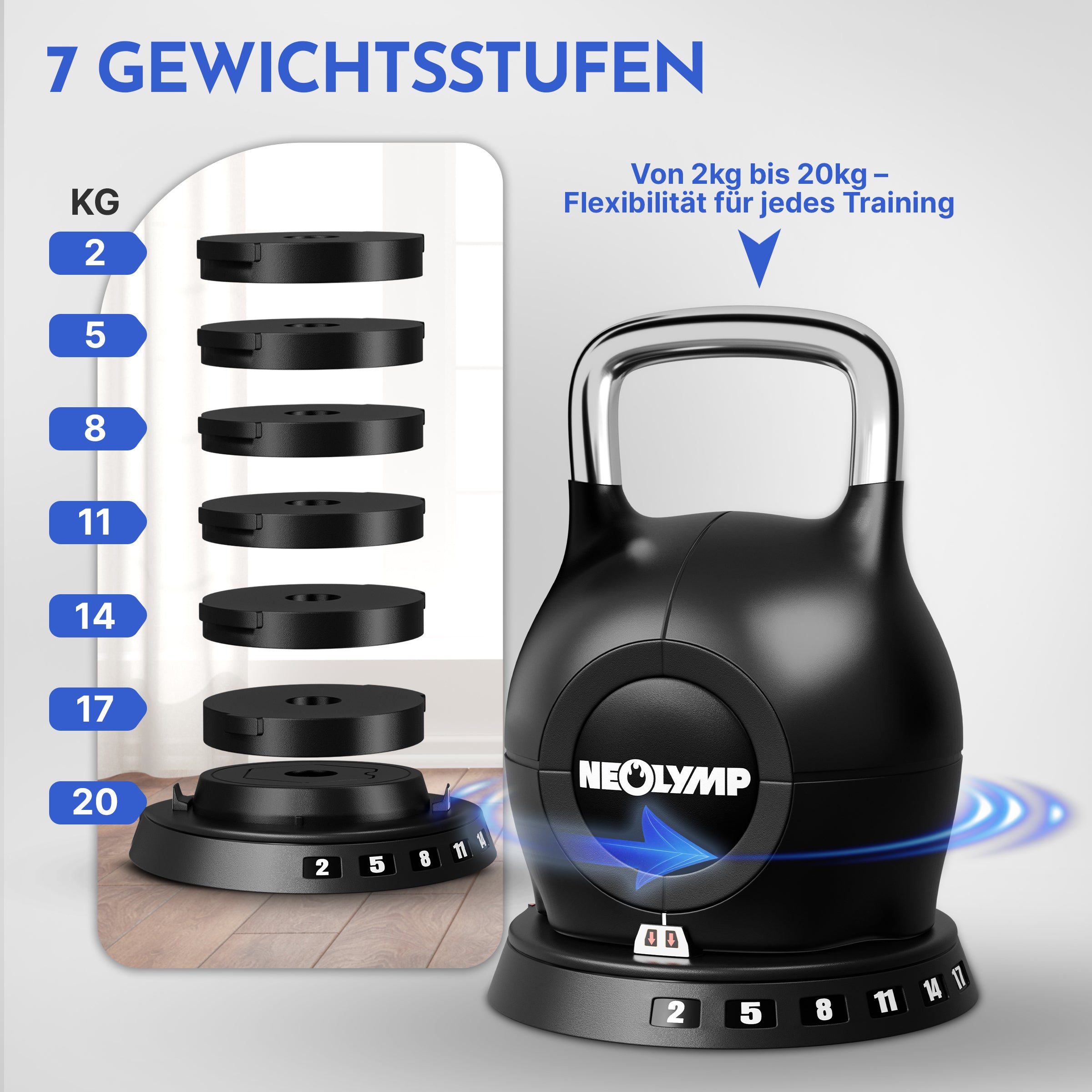 Kettlebell mit verstellbarem Gewicht (7 in 1) (2er-Set Kettlebell verstellbar 1.5-10 kg & 2-20 kg) - 2er-Set Kettlebell verstellbar 1.5-10 kg & 2-20 kg - Kettlebell von NEOLYMP | Fitnessequipment und Sportartikel