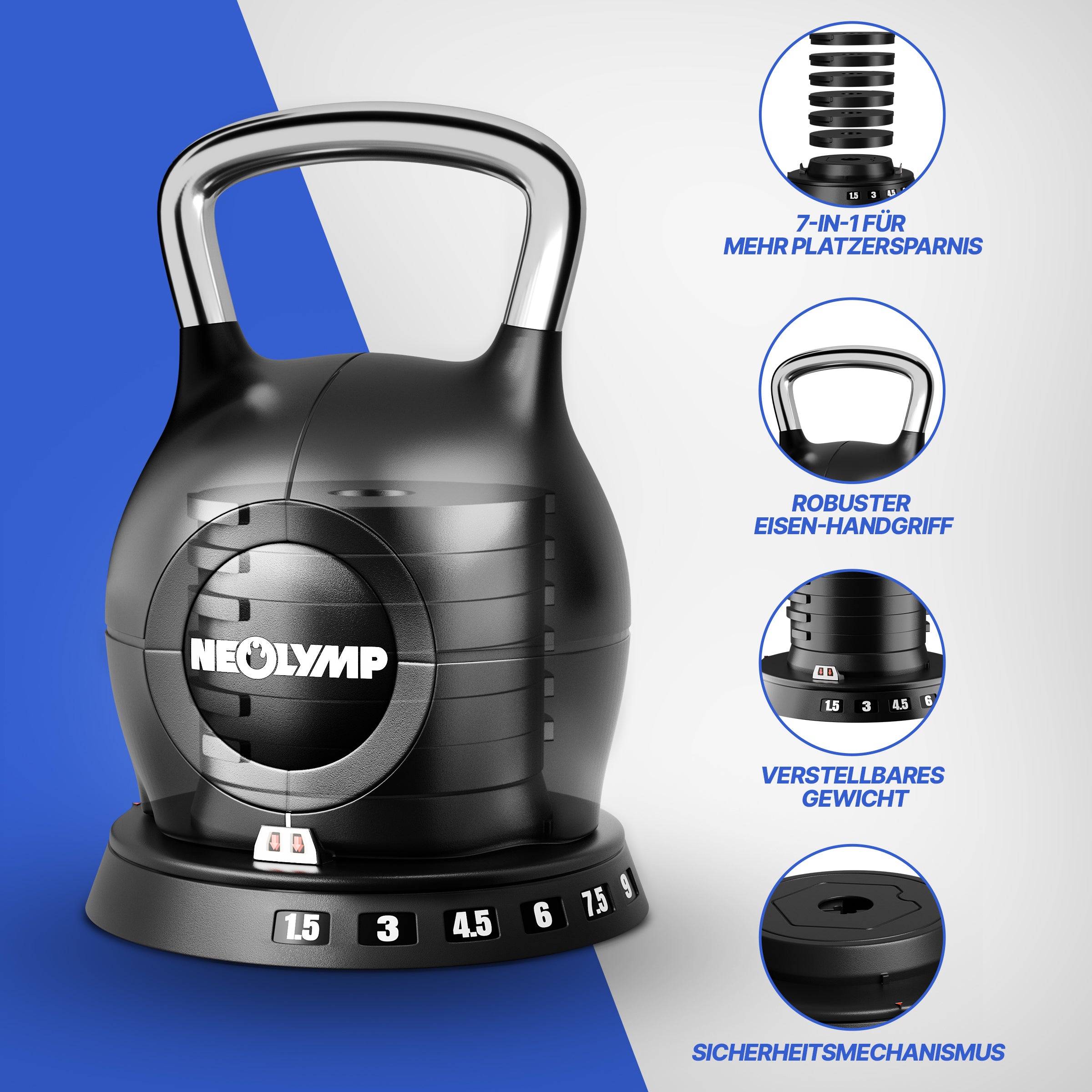 Kettlebell mit verstellbarem Gewicht (7 in 1) (2er-Set Kettlebell verstellbar 1.5-10 kg & 2-20 kg) - Kettlebell verstellbar 1.5-10 kg - Kettlebell von NEOLYMP | Fitnessequipment und Sportartikel