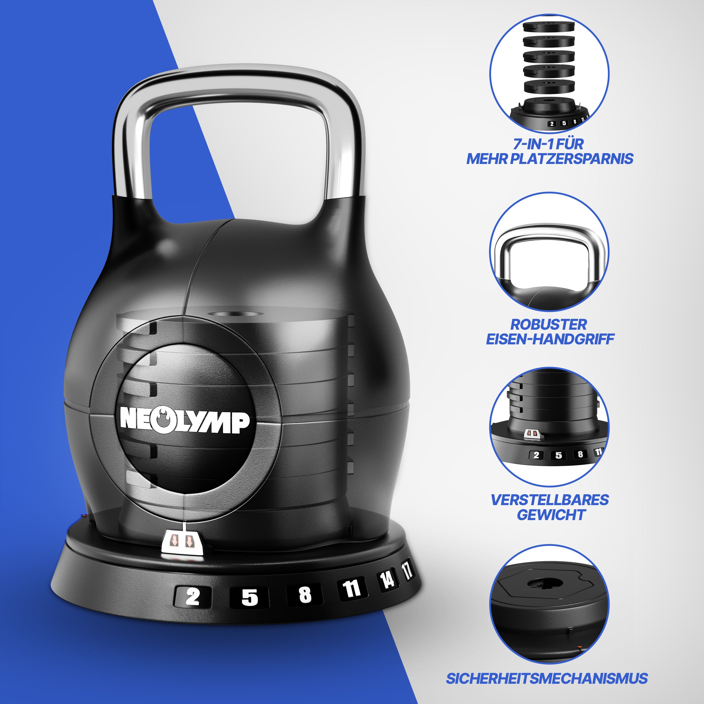 Kettlebell mit verstellbarem Gewicht (7 in 1) (2er-Set Kettlebell verstellbar 1.5-10 kg & 2-20 kg) - 2er-Set Kettlebell verstellbar 1.5-10 kg & 2-20 kg - Kettlebell von NEOLYMP | Fitnessequipment und Sportartikel