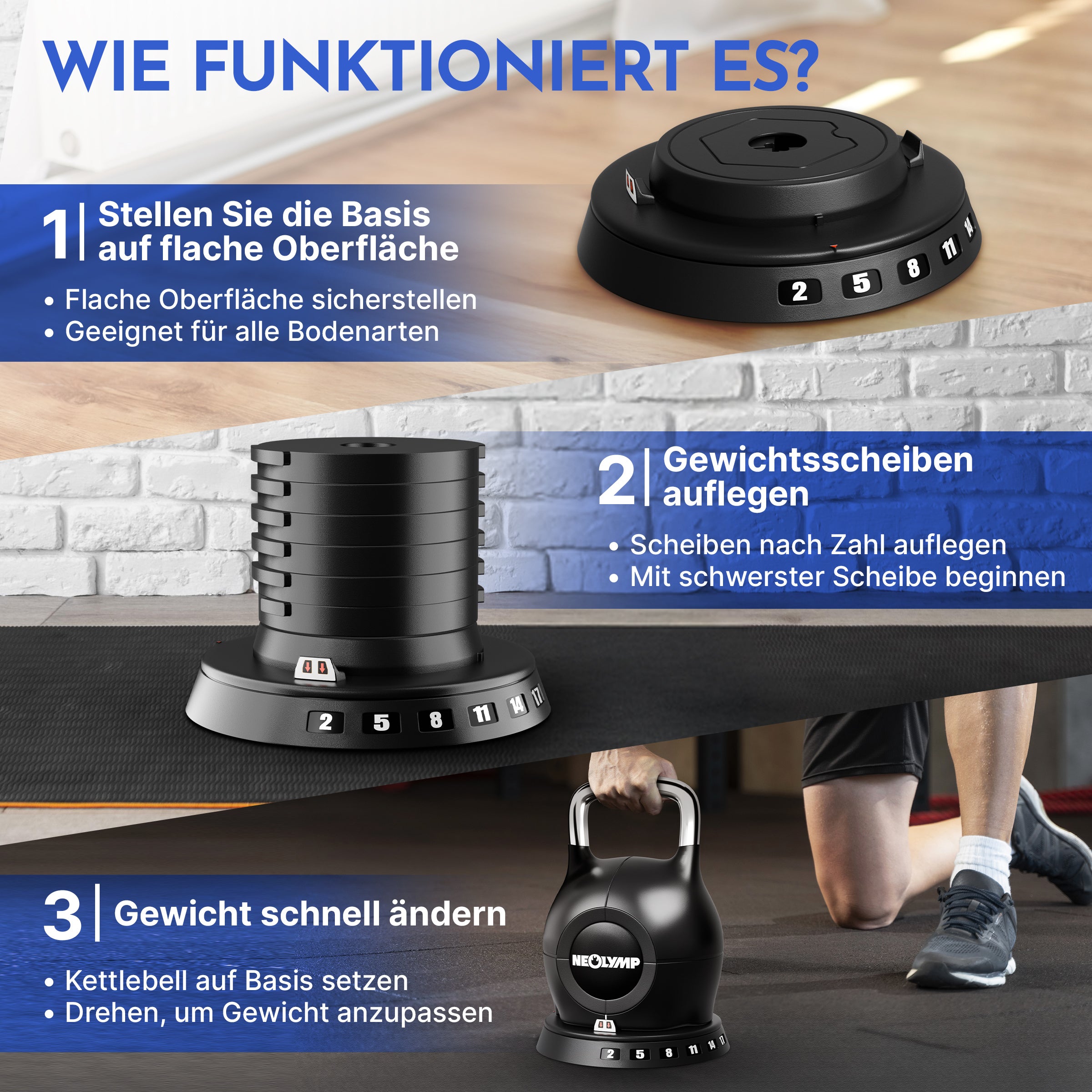 Kettlebell mit verstellbarem Gewicht (7 in 1) (2er-Set Kettlebell verstellbar 1.5-10 kg & 2-20 kg) - Kettlebell verstellbar 1.5-10 kg - Kettlebell von NEOLYMP | Fitnessequipment und Sportartikel