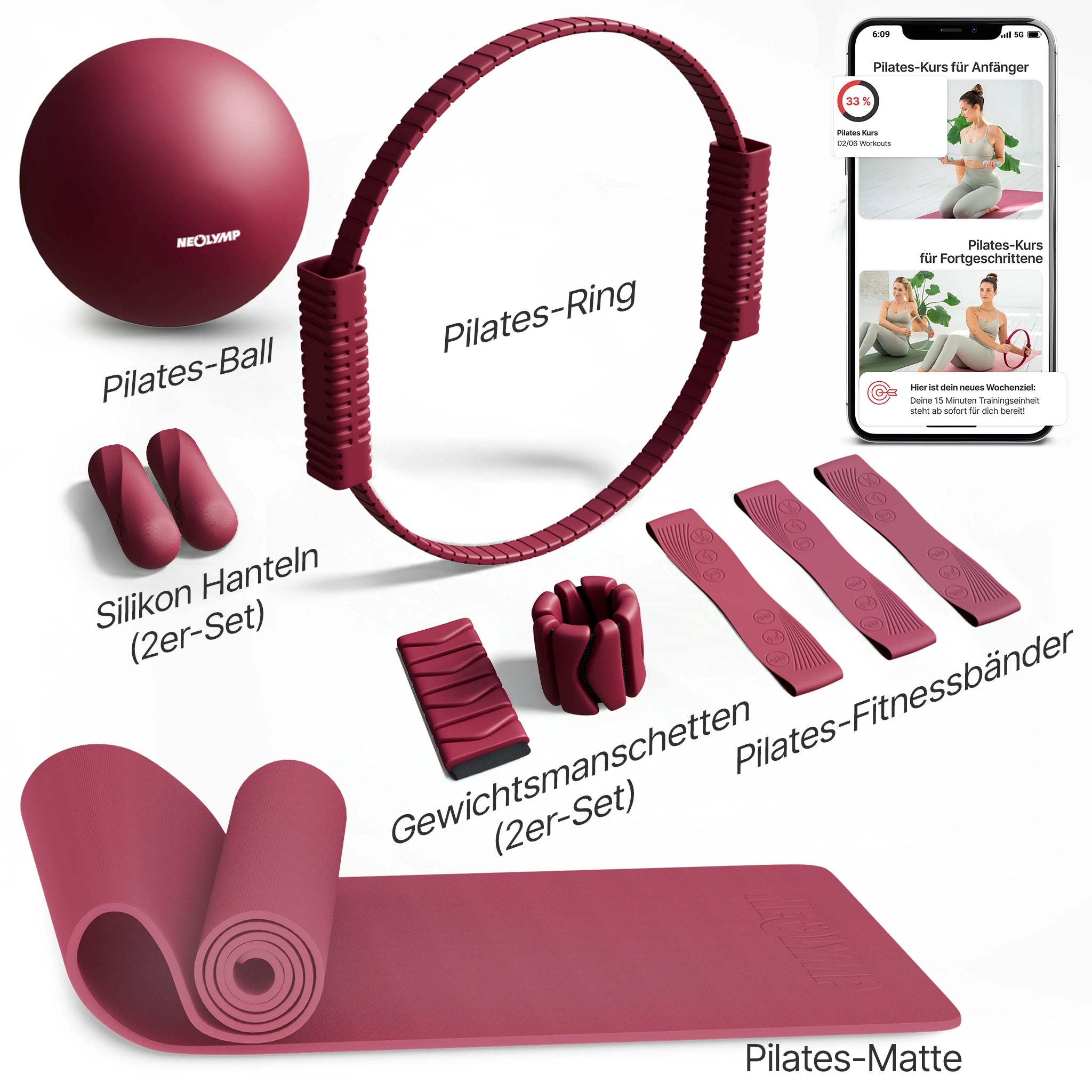 Pilates Komplett-Set Premium - mit Geschenkbox - Berry PRO Set: mit Pilatesmatte + Kurs - Sportgerät von NEOLYMP | Fitnessequipment und Sportartikel
