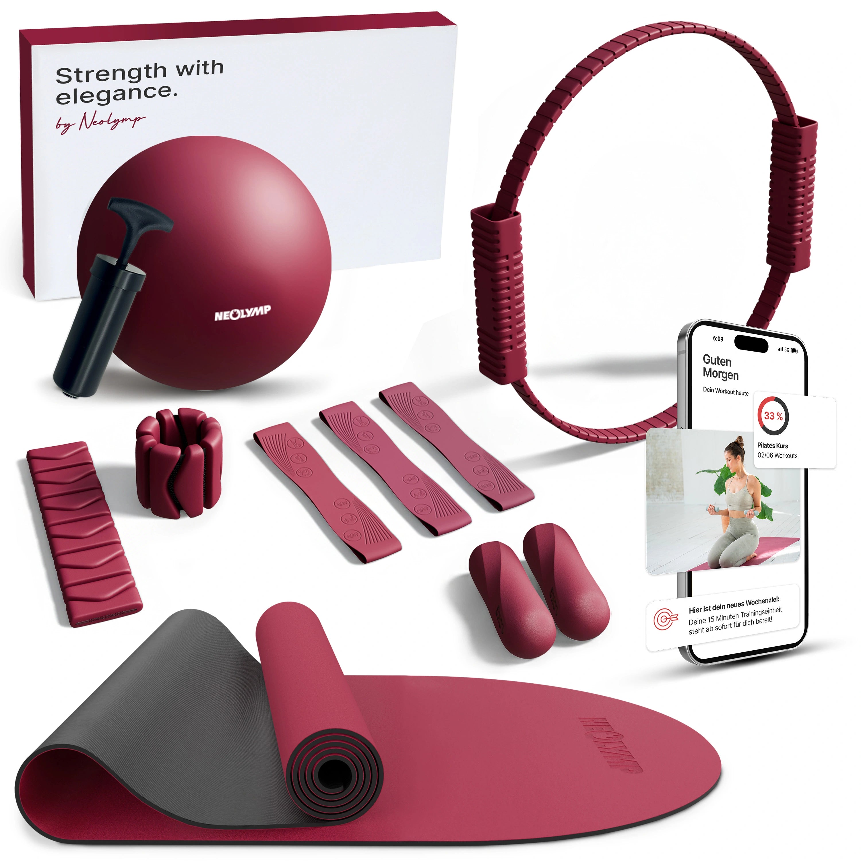 Pilates Komplett-Set Premium - mit Geschenkbox - Berry PRO Set: mit Pilatesmatte + Kurs - Sportgerät von NEOLYMP | Fitnessequipment und Sportartikel