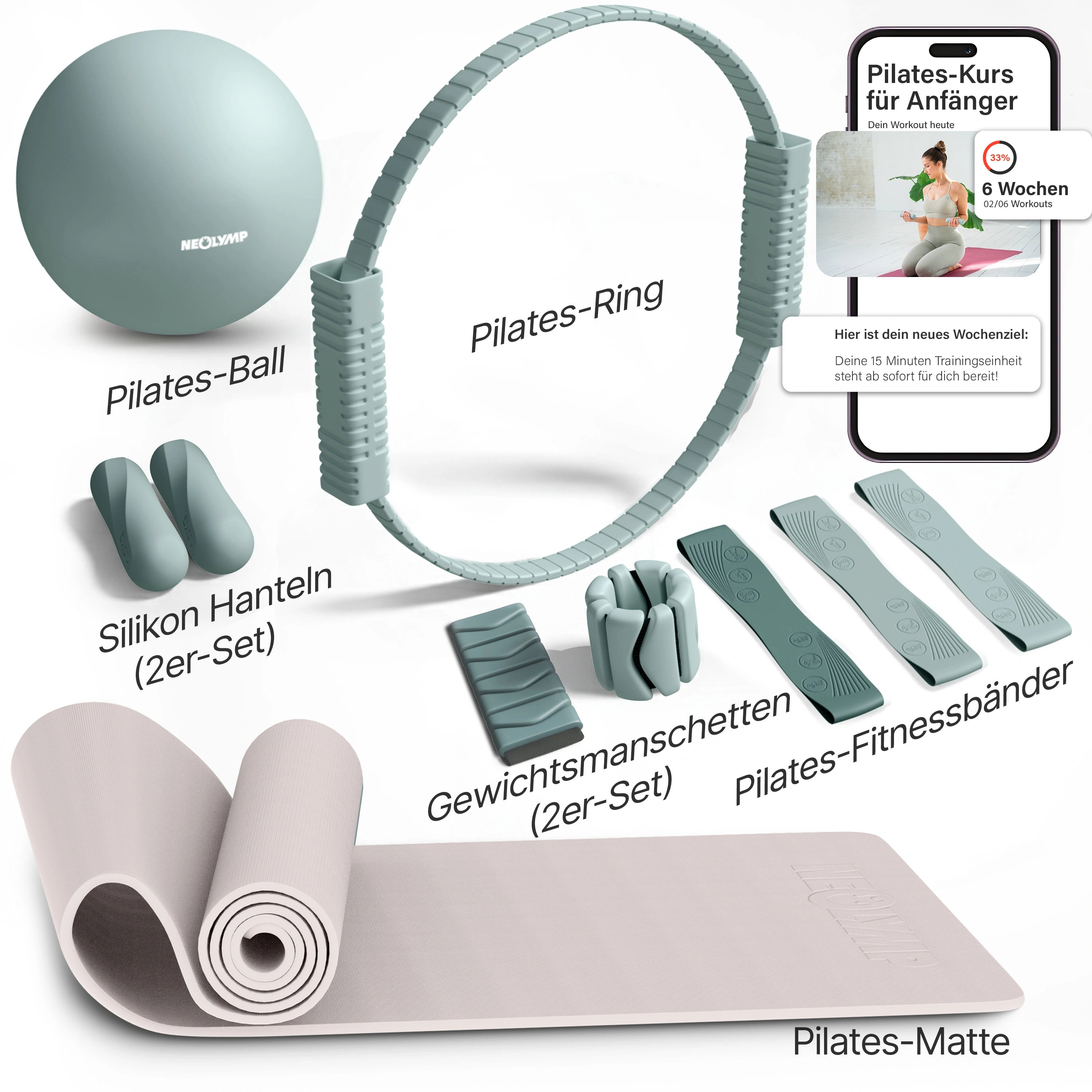 Pilates Komplett-Set Premium - mit Geschenkbox - Sky Blue PRO Set: mit Pilatesmatte + Kurs - Sportgerät von NEOLYMP | Fitnessequipment und Sportartikel