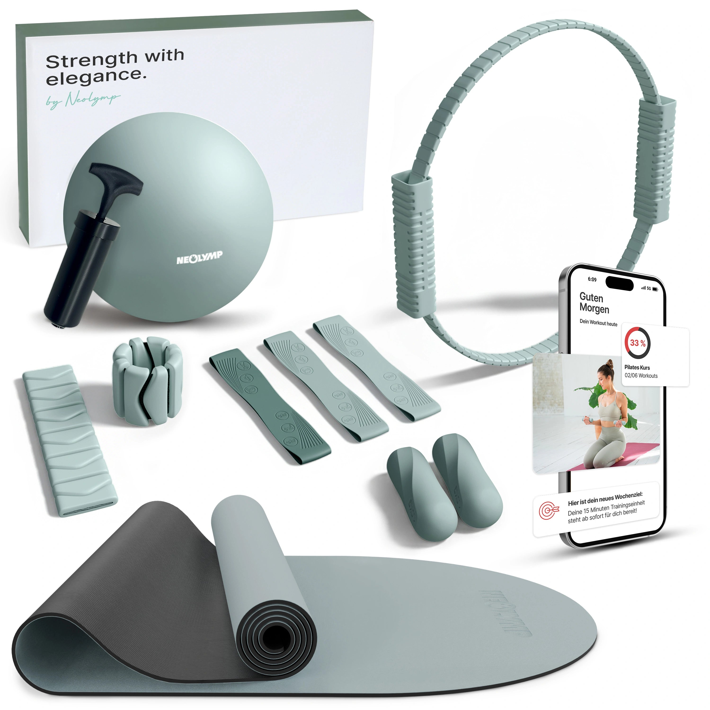 Pilates Komplett-Set Premium - mit Geschenkbox - Sky Blue PRO Set: mit Pilatesmatte + Kurs - Sportgerät von NEOLYMP | Fitnessequipment und Sportartikel