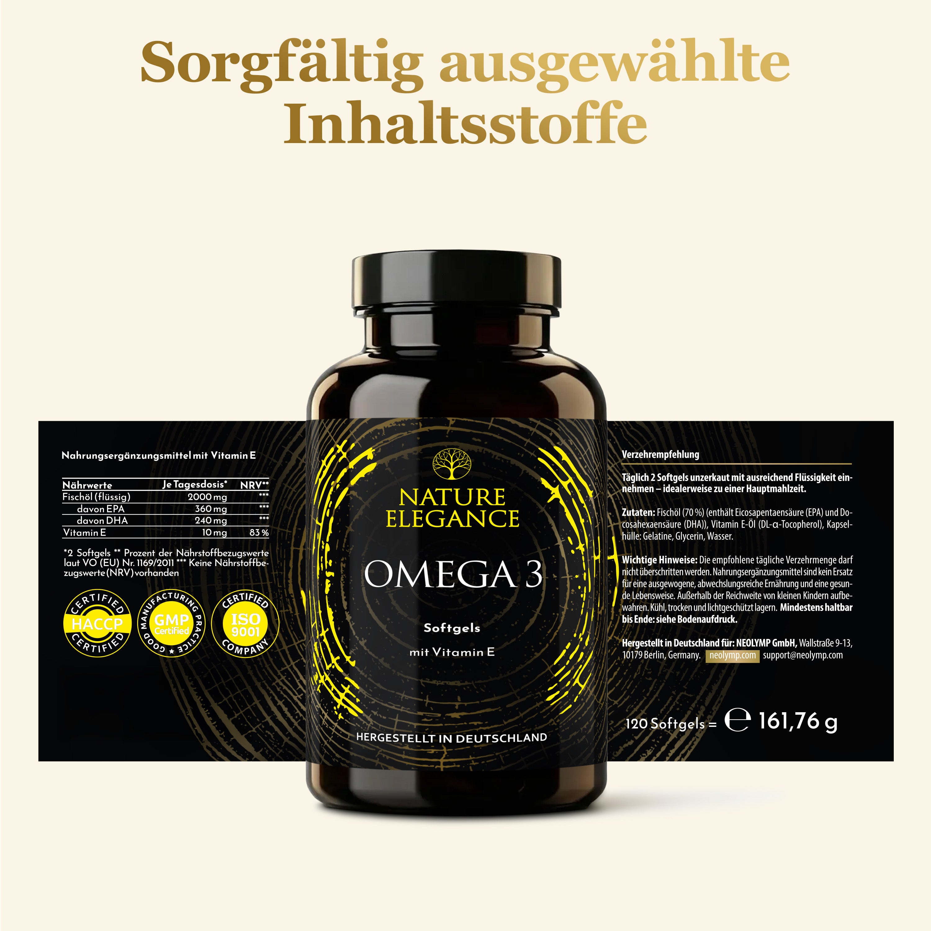 Nature Elegance - Omega 3 - Hoher Anteil an Vitamin E, DHA & EPA (2er Pack) - - Nahrungsergänzungsmittel von NEOLYMP | Fitnessequipment und Sportartikel