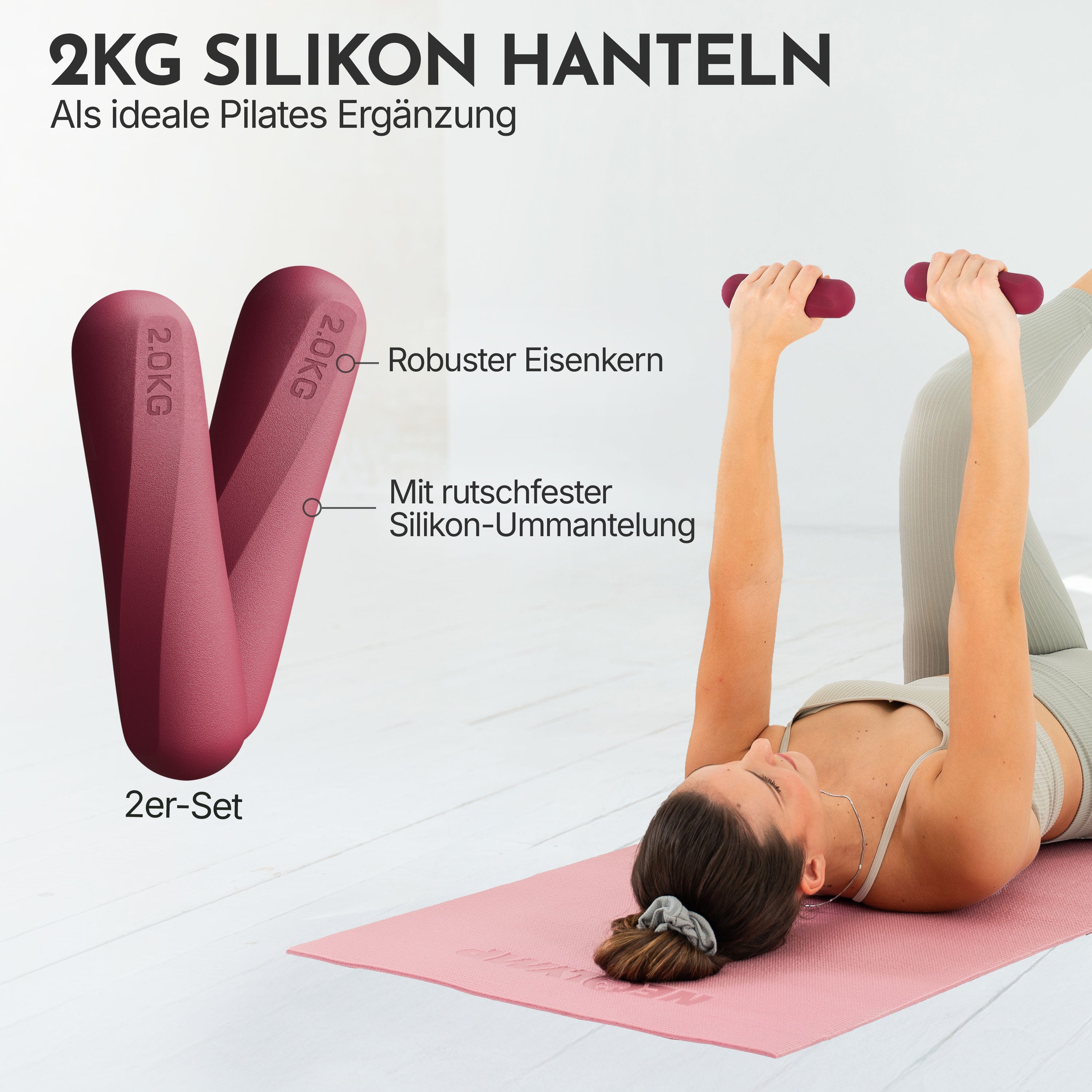 Pilateshanteln 2er Set aus hochwertigem Silikon, 1-2 kg - Berry 2 kg - Pilatesequipment von NEOLYMP | Fitnessequipment und Sportartikel