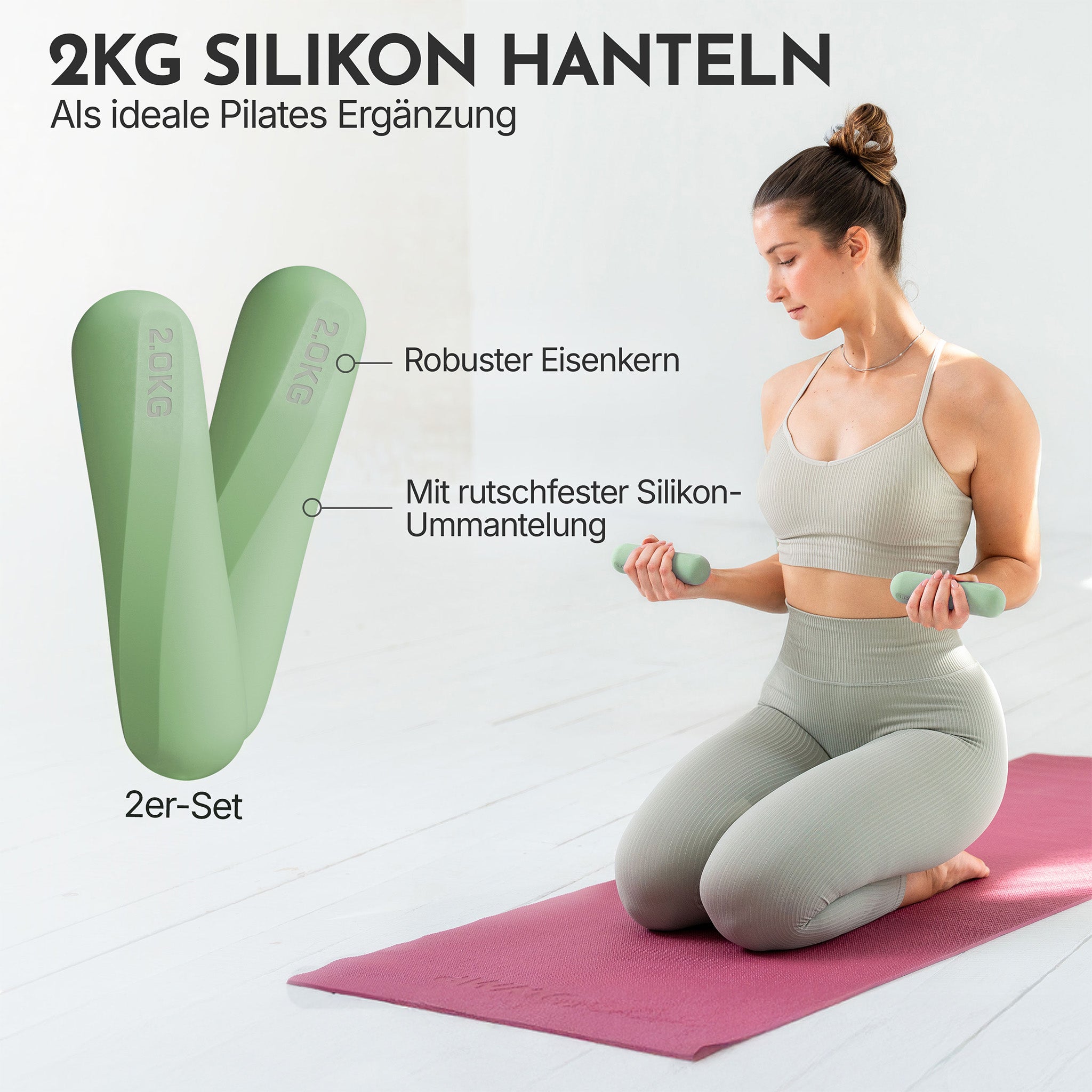 Pilateshanteln 2er Set aus hochwertigem Silikon, 1-2 kg - Matcha 2 kg - Pilatesequipment von NEOLYMP | Fitnessequipment und Sportartikel