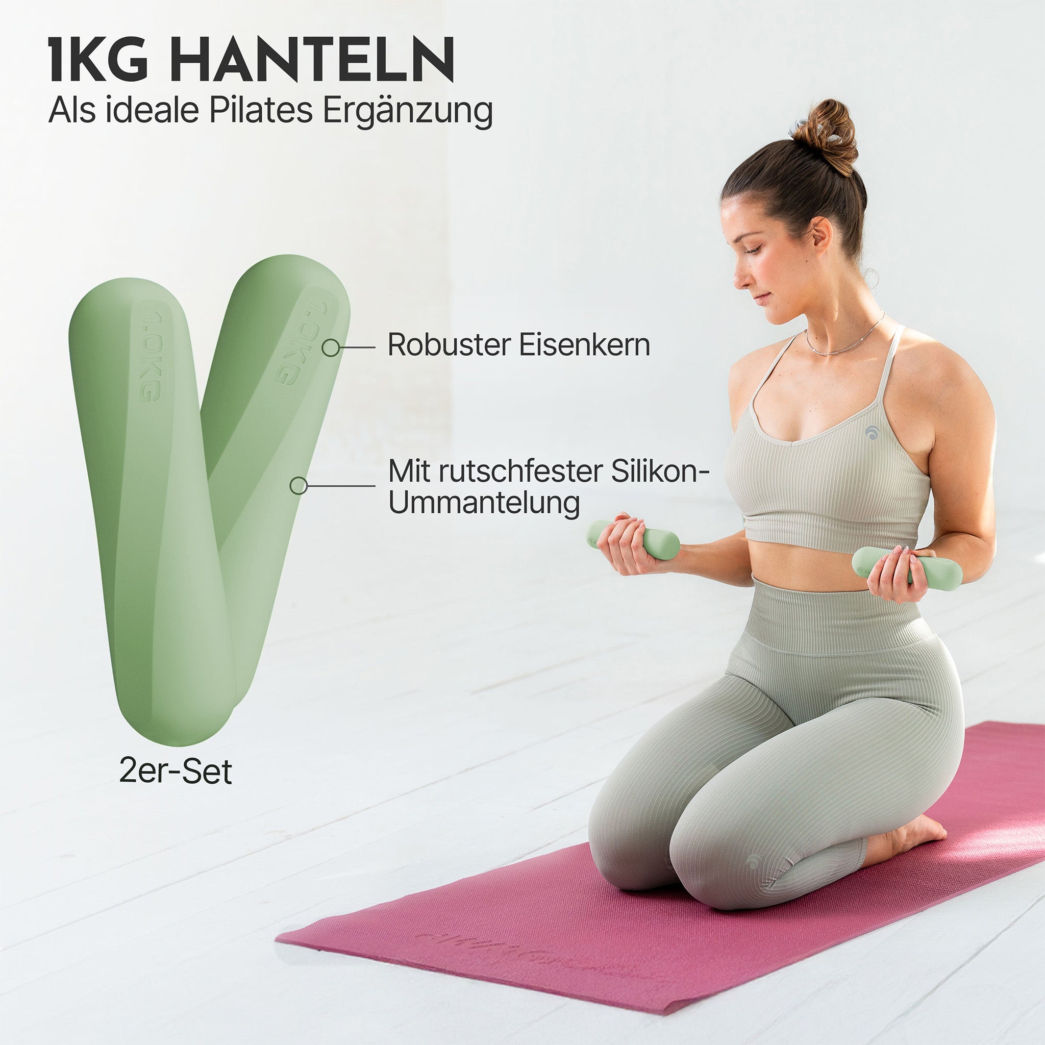 Pilateshanteln 2er Set aus hochwertigem Silikon, 1-2 kg - Matcha 1 kg - Pilatesequipment von NEOLYMP | Fitnessequipment und Sportartikel