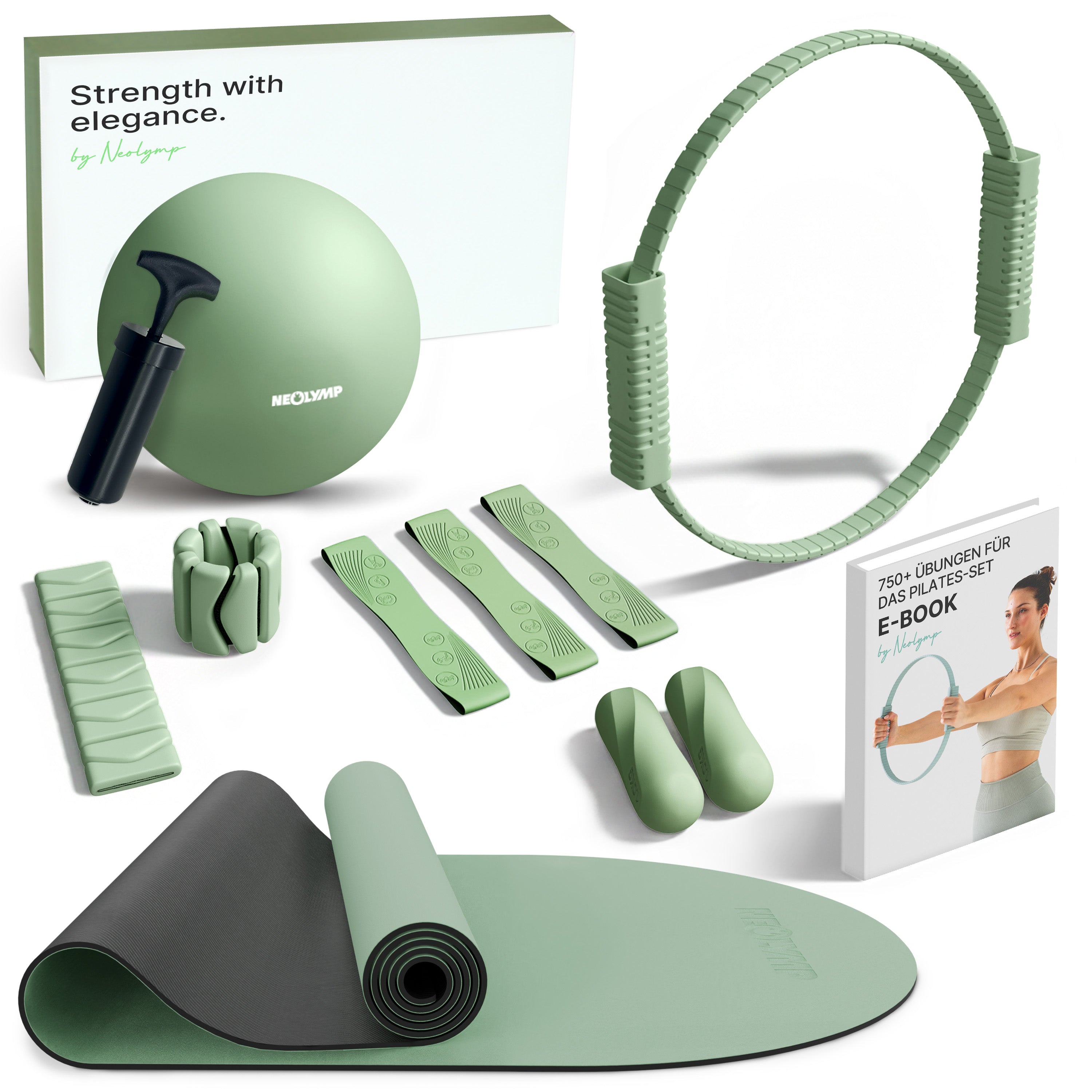Pilates Komplett-Set Premium - mit Geschenkbox - Matcha PLUS Set: mit Pilatesmatte - Sportgerät von NEOLYMP | Fitnessequipment und Sportartikel