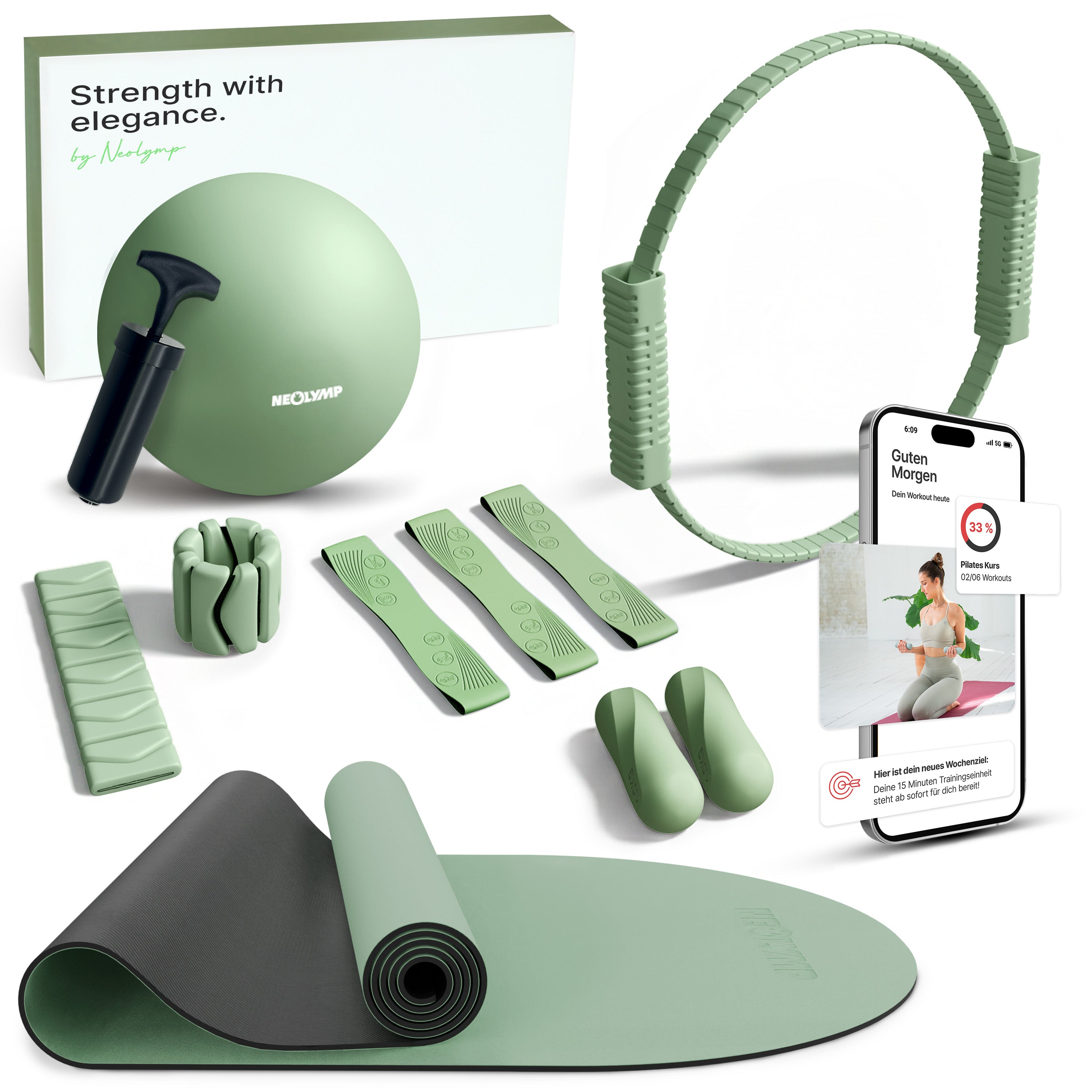 Pilates Komplett-Set Premium - mit Geschenkbox - Matcha PRO Set: mit Pilatesmatte + Kurs - Sportgerät von NEOLYMP | Fitnessequipment und Sportartikel