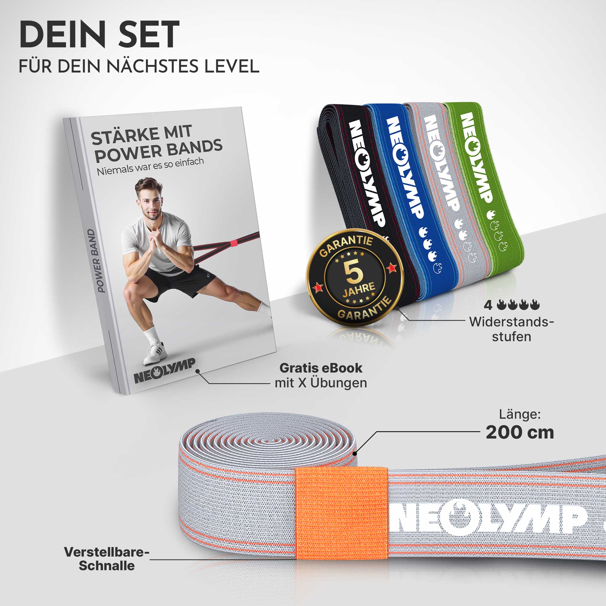 Powerband aus Stoff - mit Verstellschnalle - Powerband in grau (leicht) - Fitnessbänder von NEOLYMP | Fitnessequipment und Sportartikel
