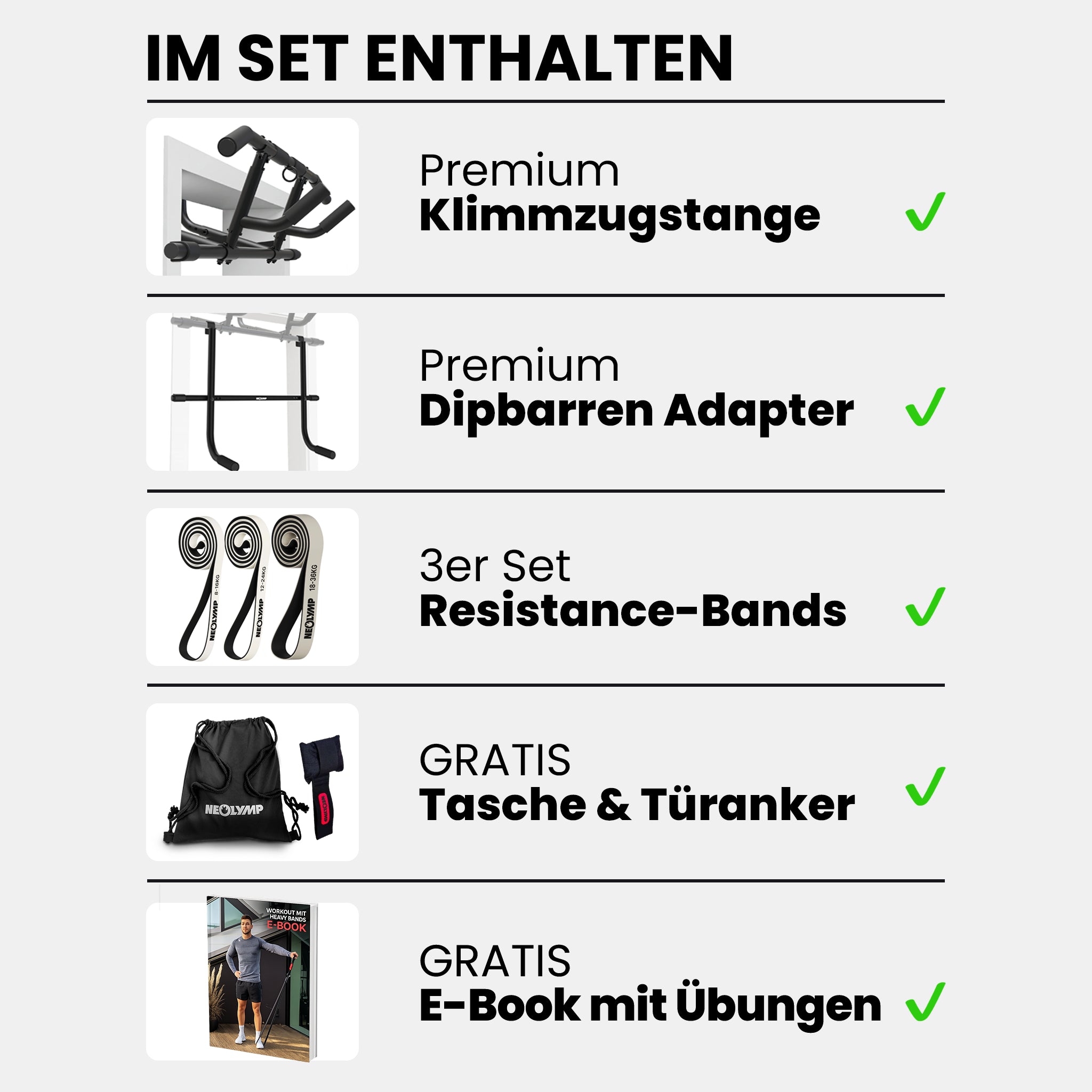 Klimmzugstangen-Bundle - Alle Übungen, volle Bewegungsfreiheit - Stange + Dip Bar + Resistance Bands - Klimmzugstangen von NEOLYMP | Fitnessequipment und Sportartikel