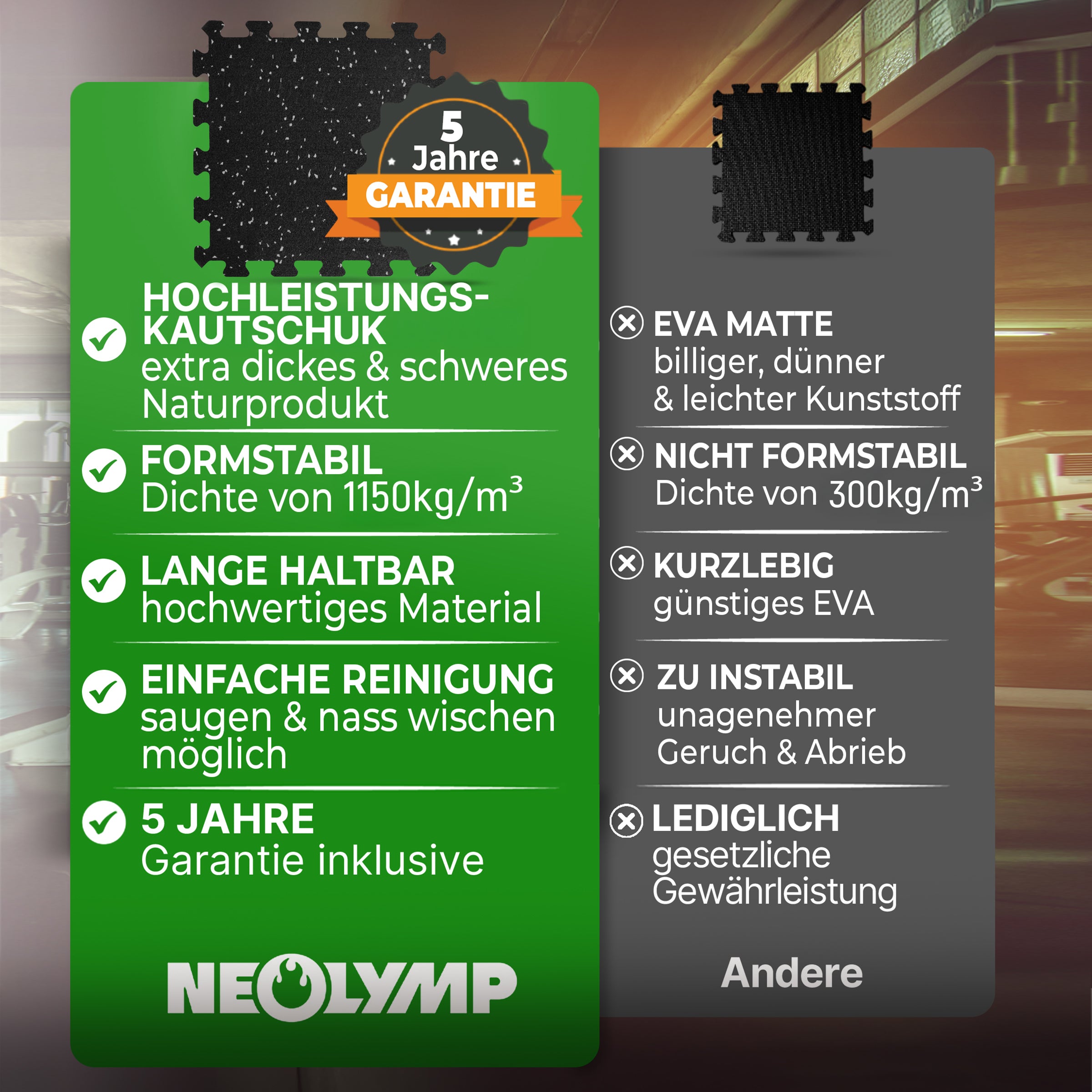 Premium Bodenschutzmatte aus extra dichtem Kautschuk (schwarz-grau) - - Sportmatte von NEOLYMP | Fitnessequipment und Sportartikel