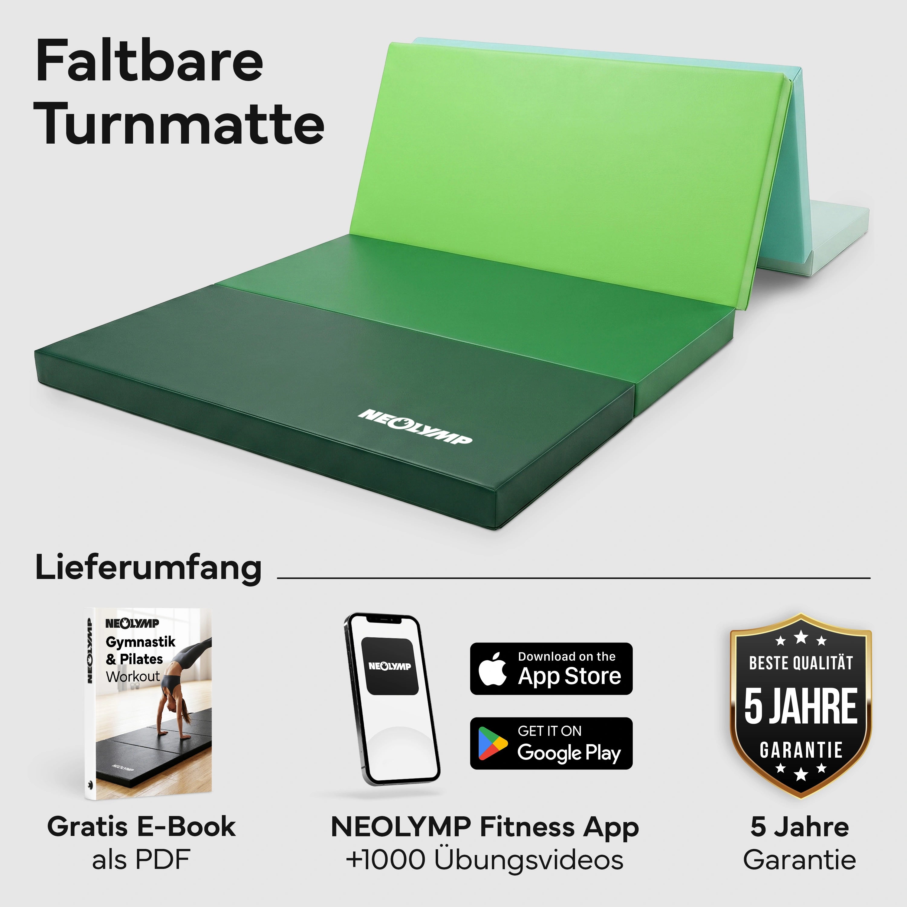 Turnmatte - faltbar mit Tragefunktion - Grün M (190x80x5 cm) - von NEOLYMP | Fitnessequipment und Sportartikel