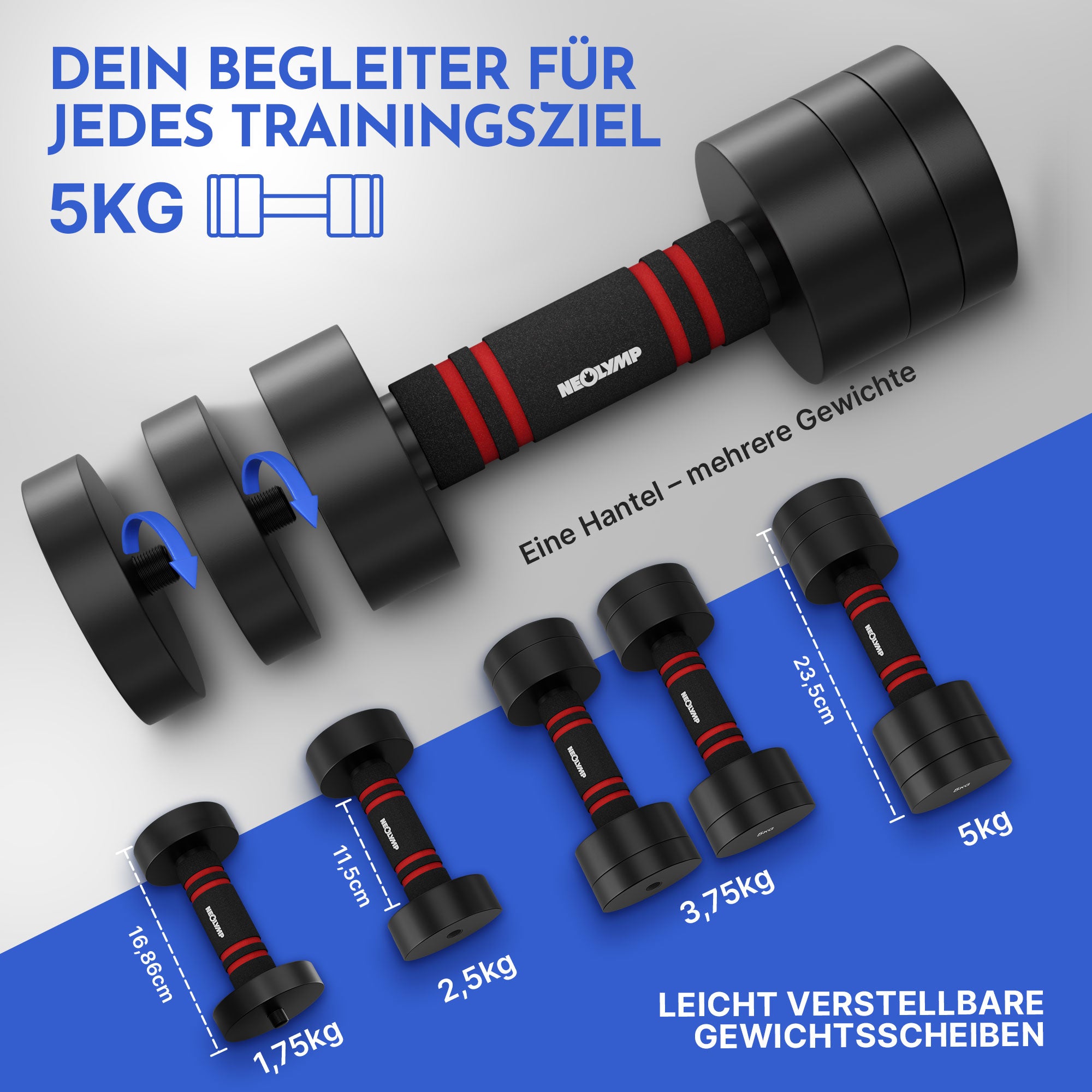 Verstellbare Chrome-Kurzhanteln in schwarz - 5 & 10kg (4er Set Kurzhanteln) - - Hantel von NEOLYMP | Fitnessequipment und Sportartikel
