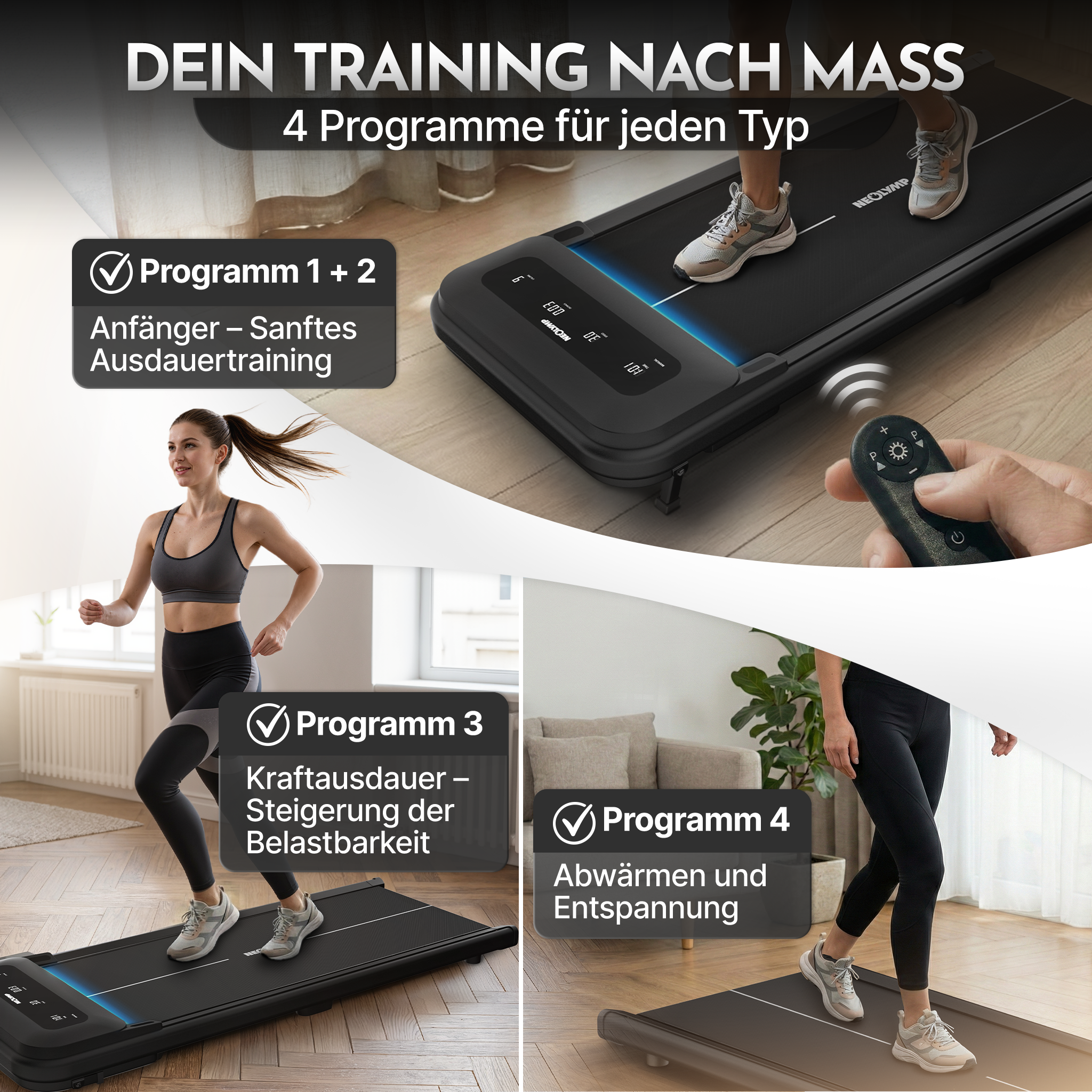 Premium Walking Pad bis 150 kg- mit bürstenlosem Motor, extra leise - - Sportgerät von NEOLYMP | Fitnessequipment und Sportartikel